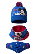 Ensemble Hiver Garçon – Mickey Mouse Disney – Bonnet à Pompon + Snood + Gants – Bleu & Rouge – 3-6 Ans – Neuf