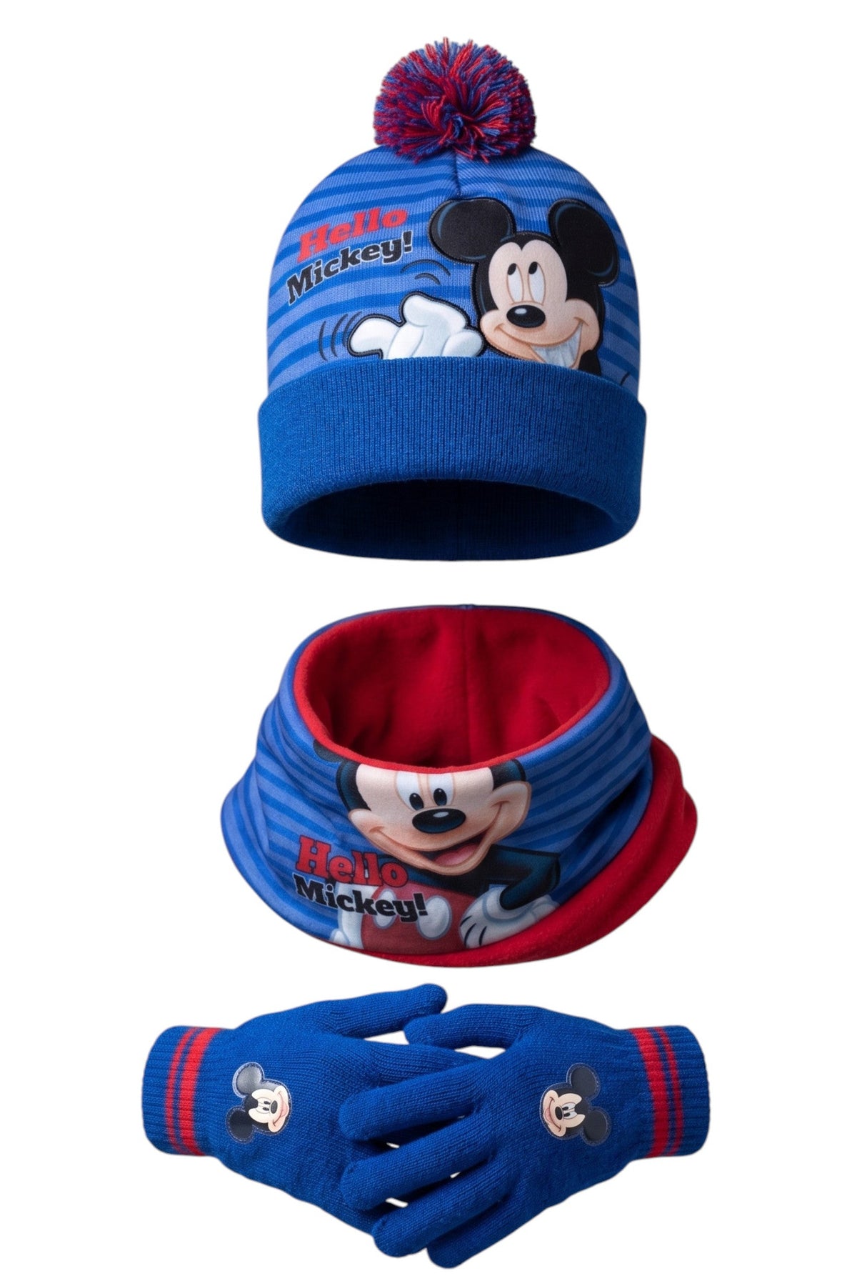 Ensemble Hiver Garçon – Mickey Mouse Disney – Bonnet à Pompon + Snood + Gants – Bleu & Rouge – 3-6 Ans – Neuf
