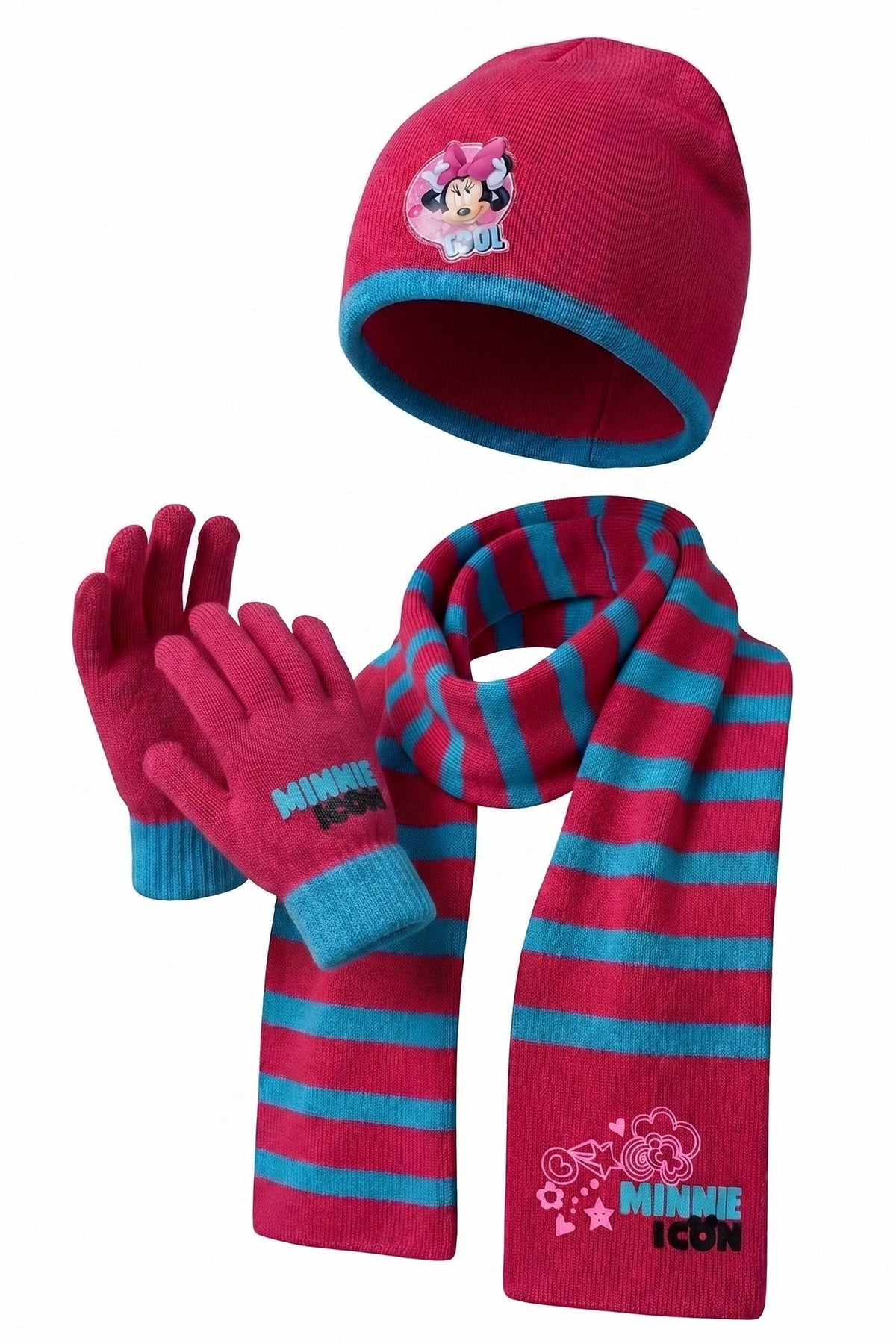 Ensemble Hiver Fille – Minnie Mouse Disney – Bonnet 46/48 + Écharpe + Gants – Rose Fuchsia & Bleu Turquoise – Neuf