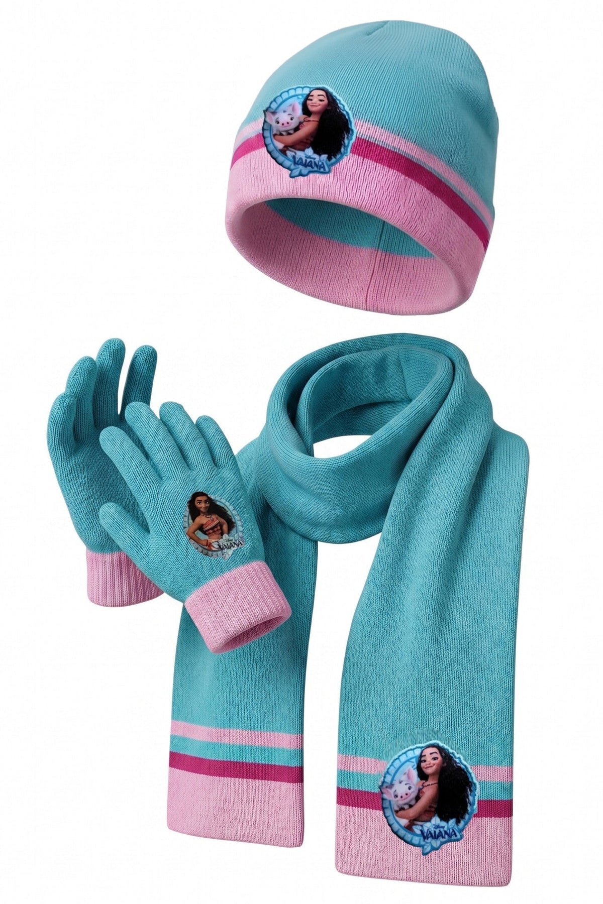 Ensemble Hiver Fille – Vaiana Disney – Bonnet + Écharpe + Gants – Bleu Ciel & Rose – Acrylique Doux – Taille Unique – Neuf