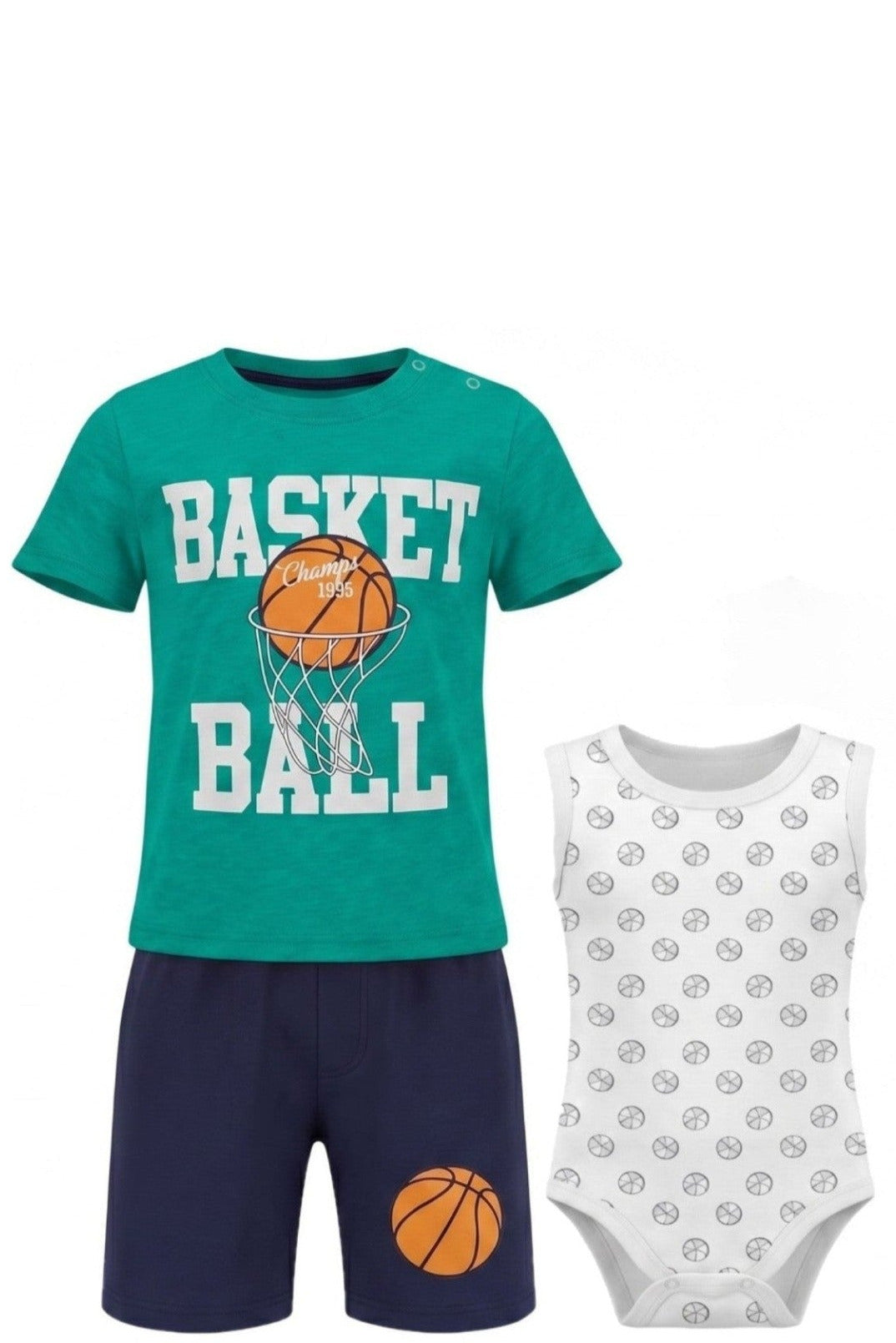 Ensemble Bébé Garçon 3 Pièces Thème Basketball – T-shirt Vert, Short Marine & Body Blanc – 6 à 24 mois – Neuf