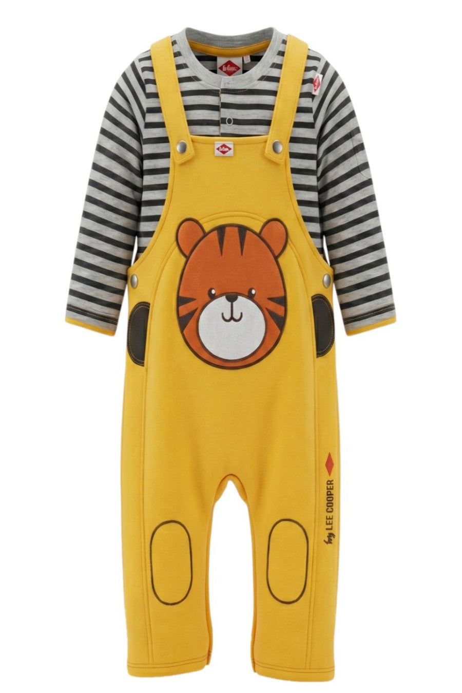Ensemble Bébé Garçon Lee Cooper – T-shirt Rayé & Salopette Jaune Motif Tigre – 3 à 24 mois – Neuf
