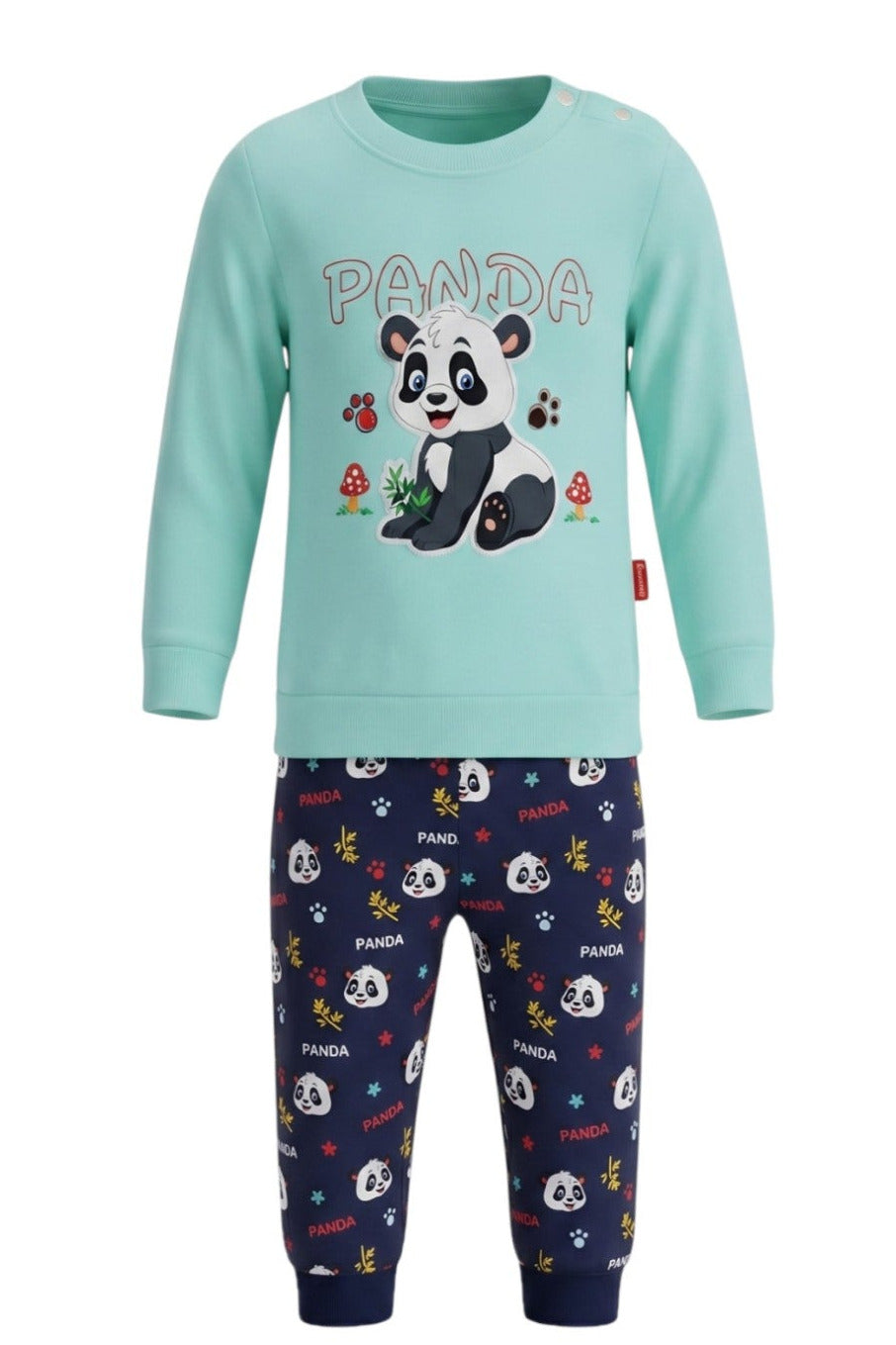 Ensemble Bébé Motif Panda – Sweat Vert Menthe & Pantalon Marine – 6 à 12 mois – Neuf