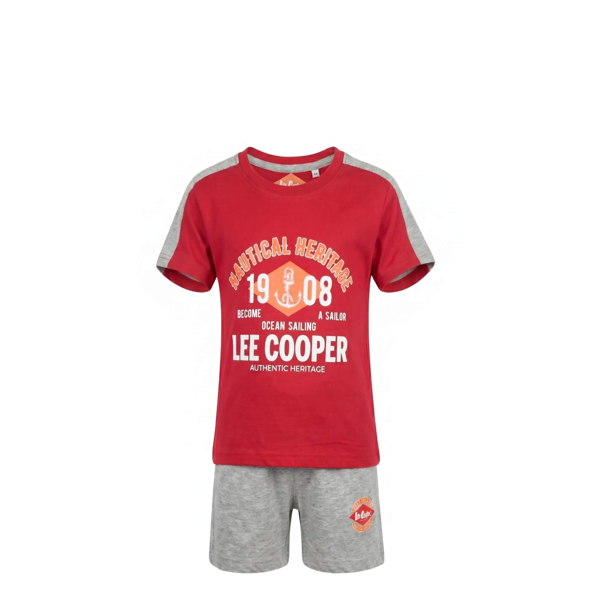Ensemble Garçon Lee Cooper – T-shirt Imprimé Rouge & Gris & Short Été – 4 à 14 ans – Neuf