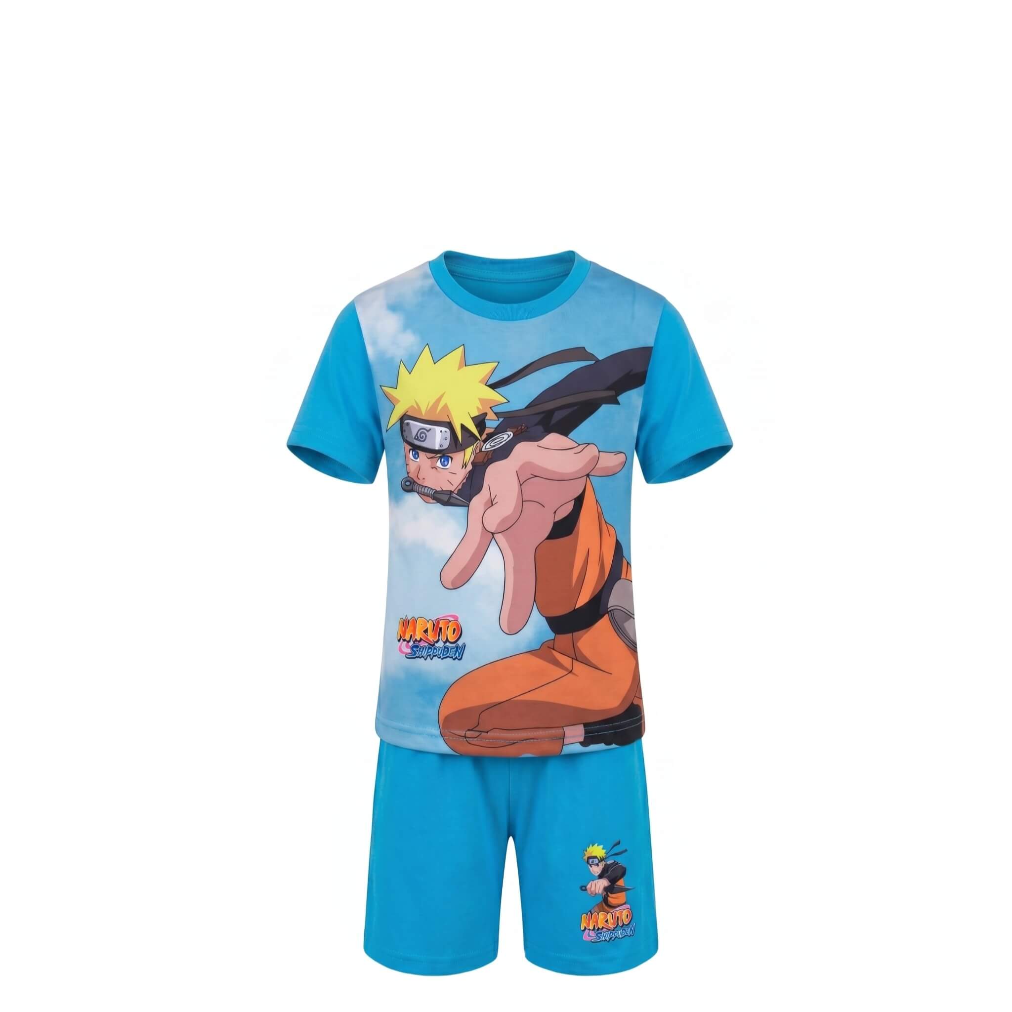 Ensemble Garçon Naruto Shippuden – T-shirt Bleu Clair Imprimé & Short Bleu Clair Assorti Logo Naruto – 6 à 12 ans – Neuf