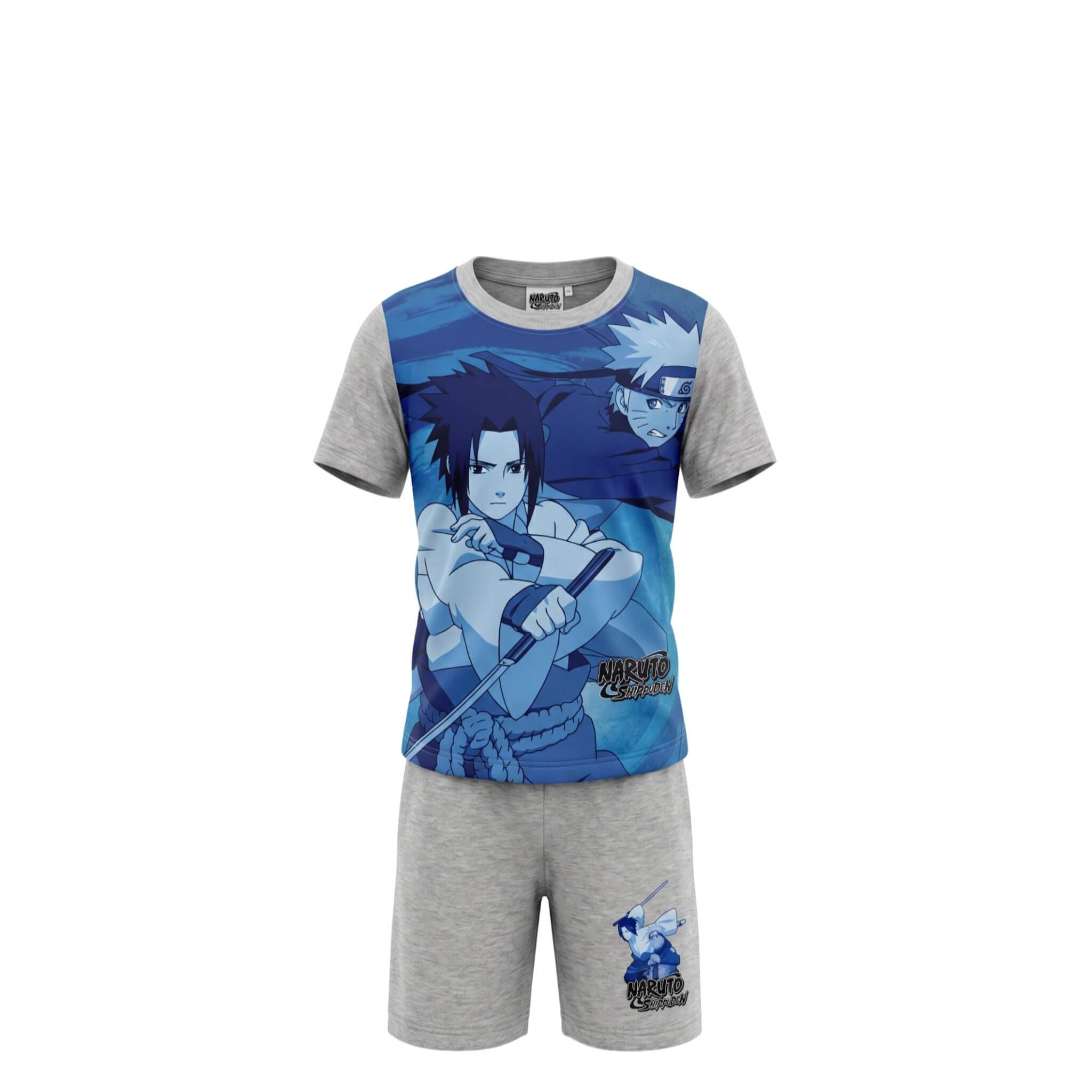 Ensemble Été Garçon Naruto Shippuden – T-shirt Imprimé Sasuke & Kakashi & Short Gris Assorti – 6 à 12 ans – Neuf