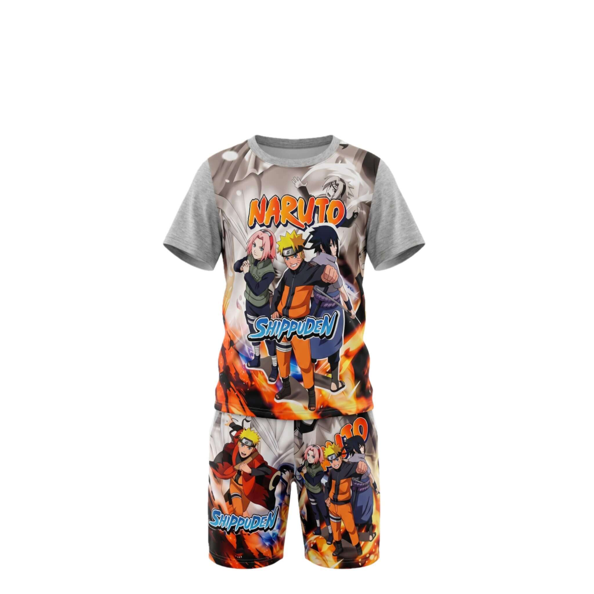 Ensemble Garçon Naruto Shippuden – T-shirt Gris Imprimé & Short Gris Assorti – 4 à 14 ans – Neuf