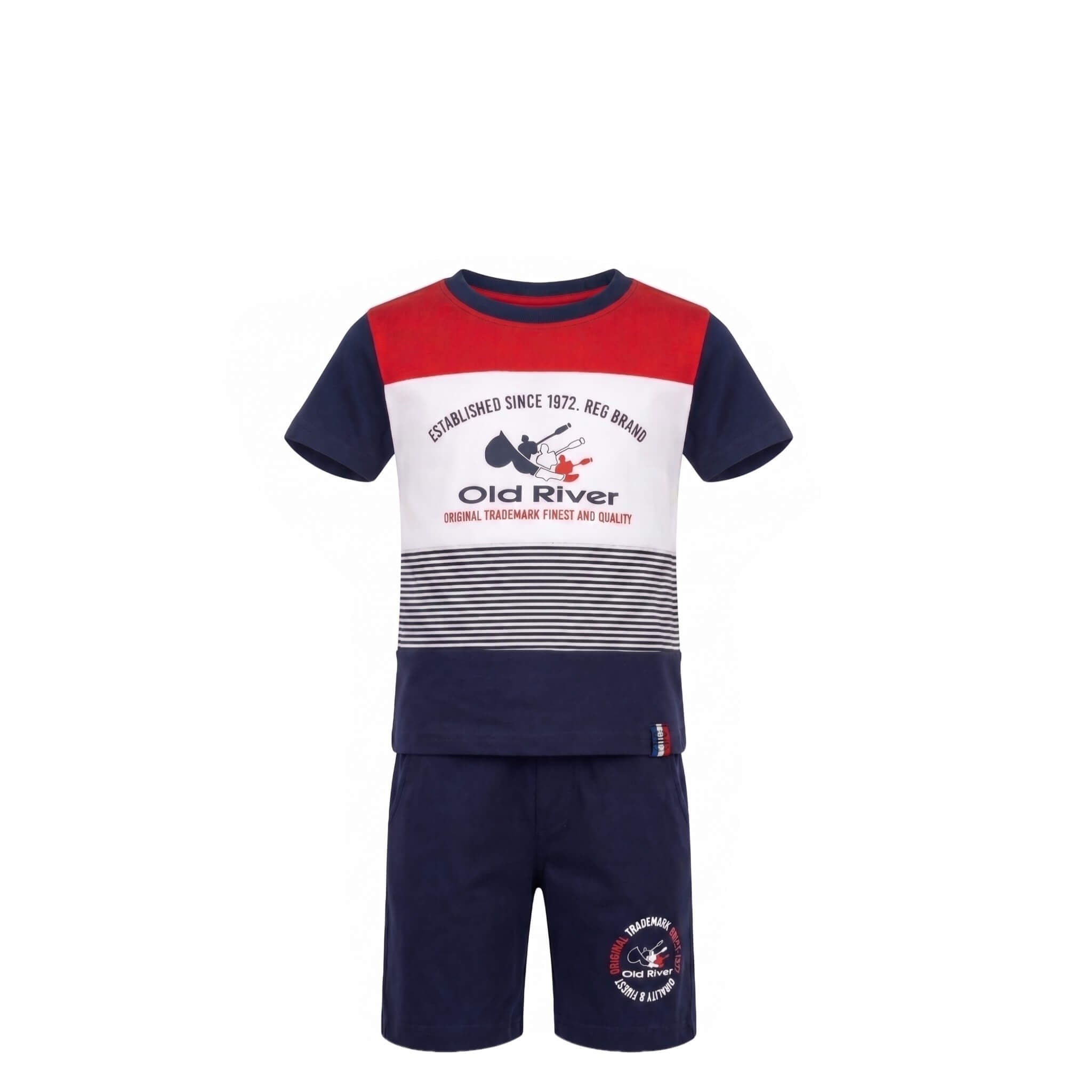 Ensemble Été Garçon Old River – T-shirt Tricolore Imprimé & Short Bleu Marine Assorti – Neuf