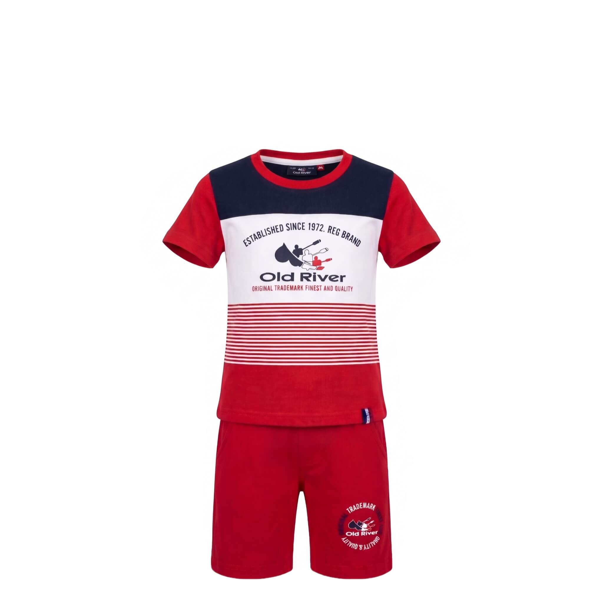 Ensemble Garçon Old River – T-shirt Multicolore Imprimé & Short Rouge Assorti – 4 à 14 ans – Neuf