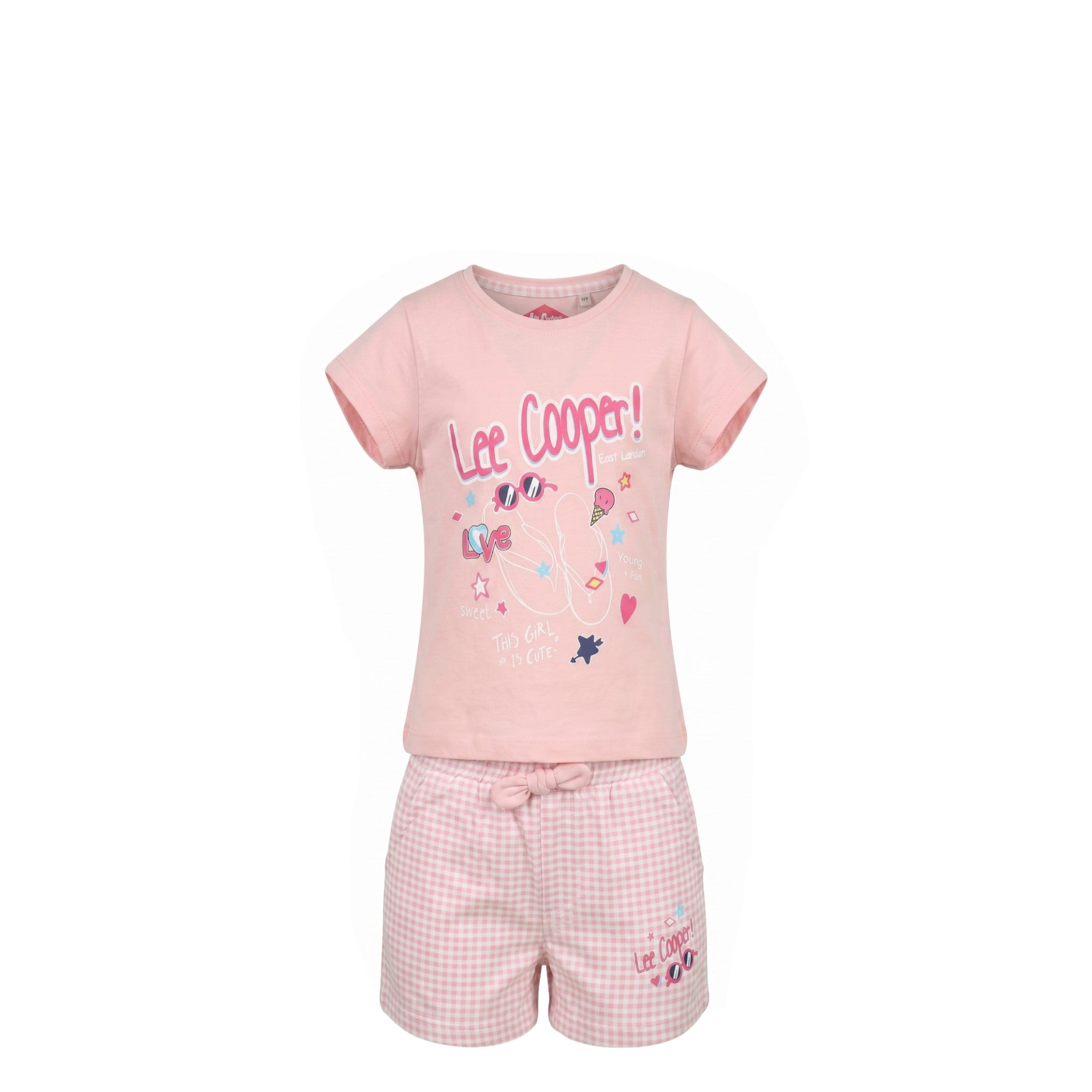 Ensemble Fille Lee Cooper – T-shirt Rose Clair & Short à Carreaux Rose – 4 à 14 ans – Neuf