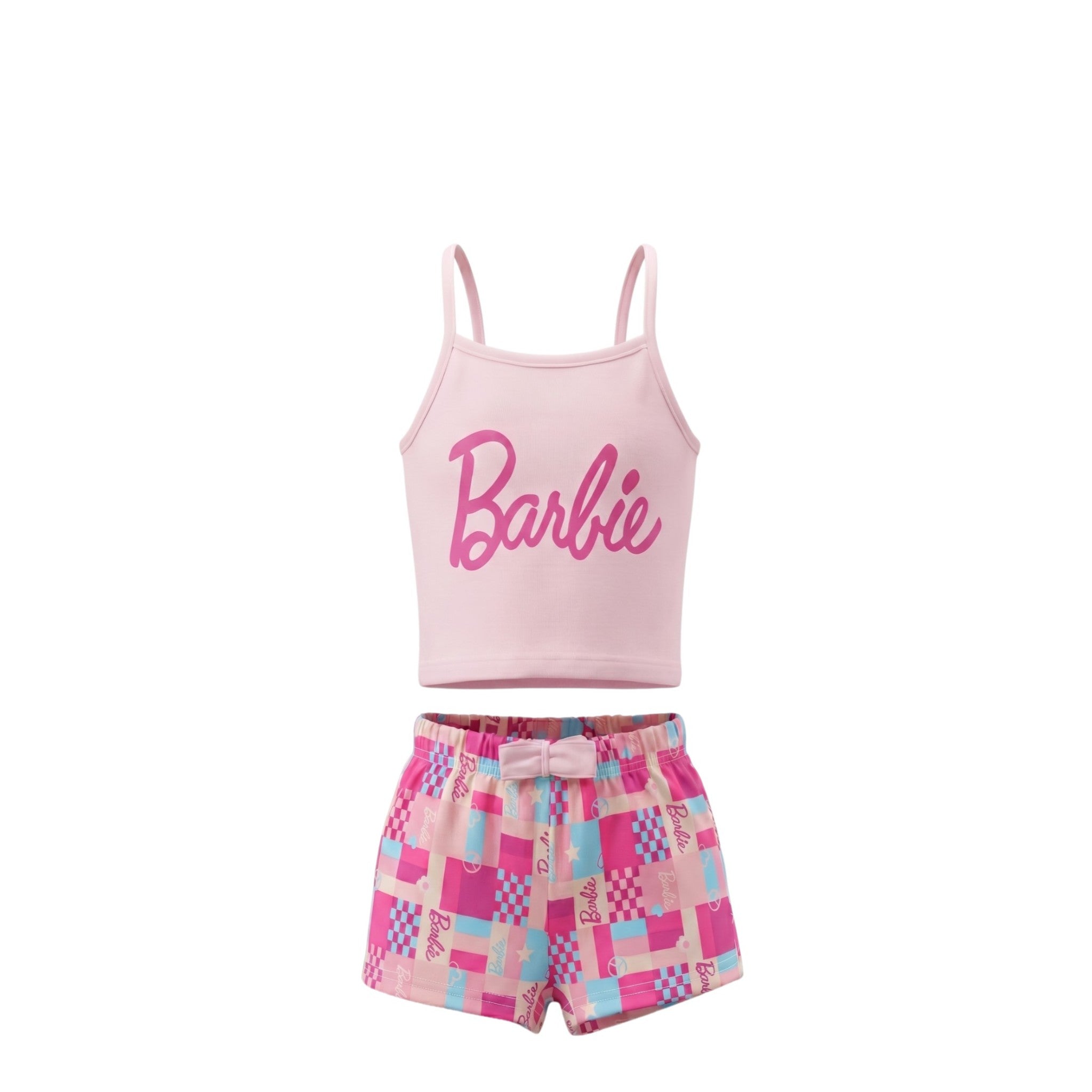 Ensemble Fille Barbie – Débardeur Rose Foncé & Short Imprimé Multicolore – 4 à 12 ans – Neuf