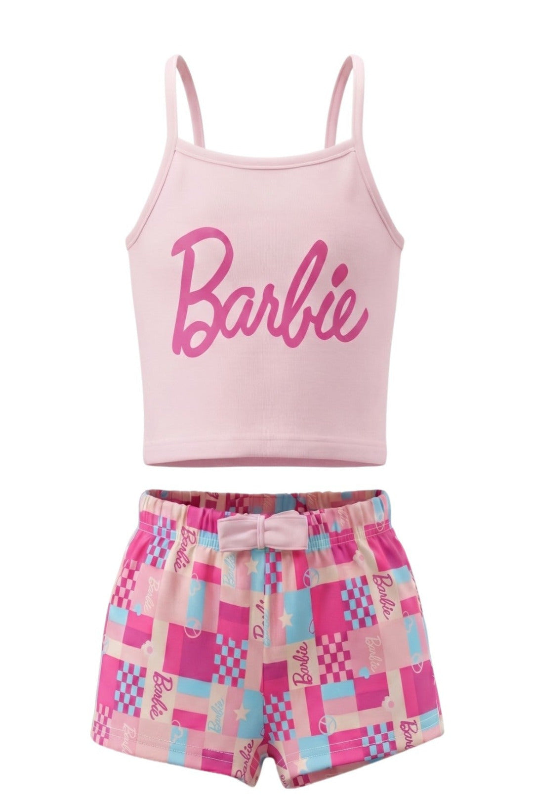 Ensemble Barbie Fille – Débardeur Rose & Short Multicolore – 4 à 12 ans – Neuf