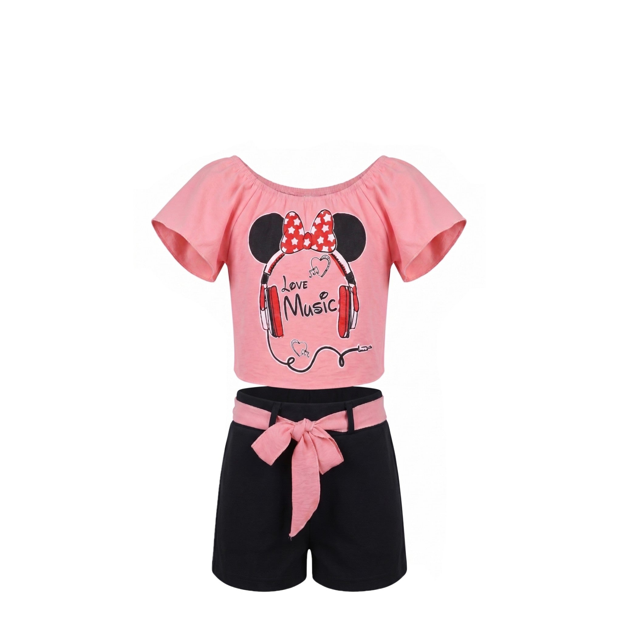 Ensemble Fille – Crop Top Rose Motif Casque Musique & Short Noir Assorti – 2 à 12 ans – Neuf