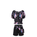 Ensemble Stitch Fille – Crop Top Bardot Noir & Short Imprimé avec Sac Assorti – 4 à 14 ans – Neuf