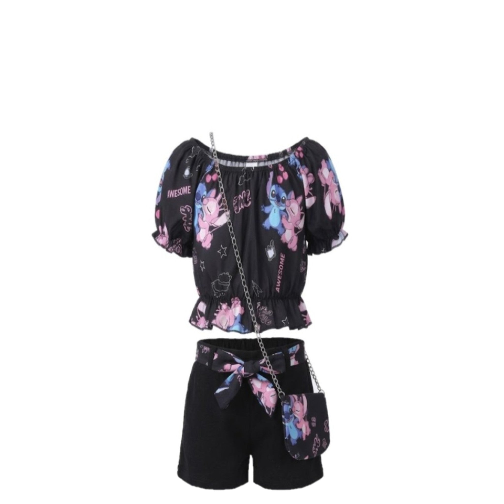 Ensemble Stitch Fille – Crop Top Bardot Noir & Short Imprimé avec Sac Assorti – 4 à 14 ans – Neuf