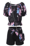 Ensemble Stitch Fille – Crop Top Bardot Noir & Short Imprimé avec Sac Assorti – 4 à 14 ans – Neuf