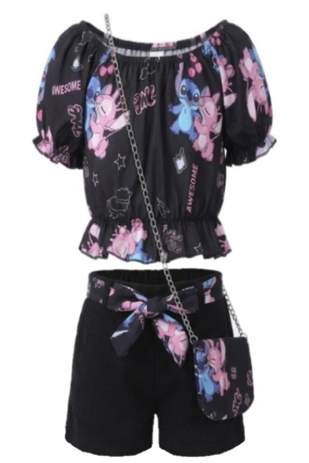 Ensemble Stitch Fille – Crop Top Bardot Noir & Short Imprimé avec Sac Assorti – 4 à 14 ans – Neuf
