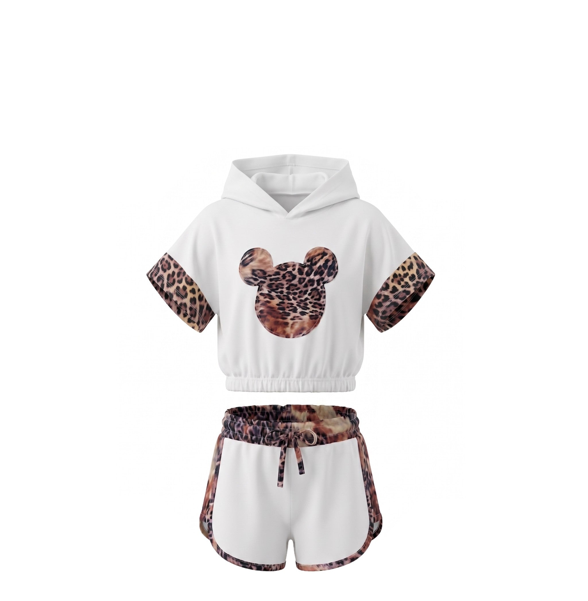 Ensemble Fille – Crop Top à Capuche Blanc & Short Léopard – 4 à 14 ans – Neuf