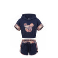 Ensemble Streetwear Fille – Crop Top à Capuche Bleu Marine & Short Léopard Bleu Marine – 4 à 14 ans – Neuf