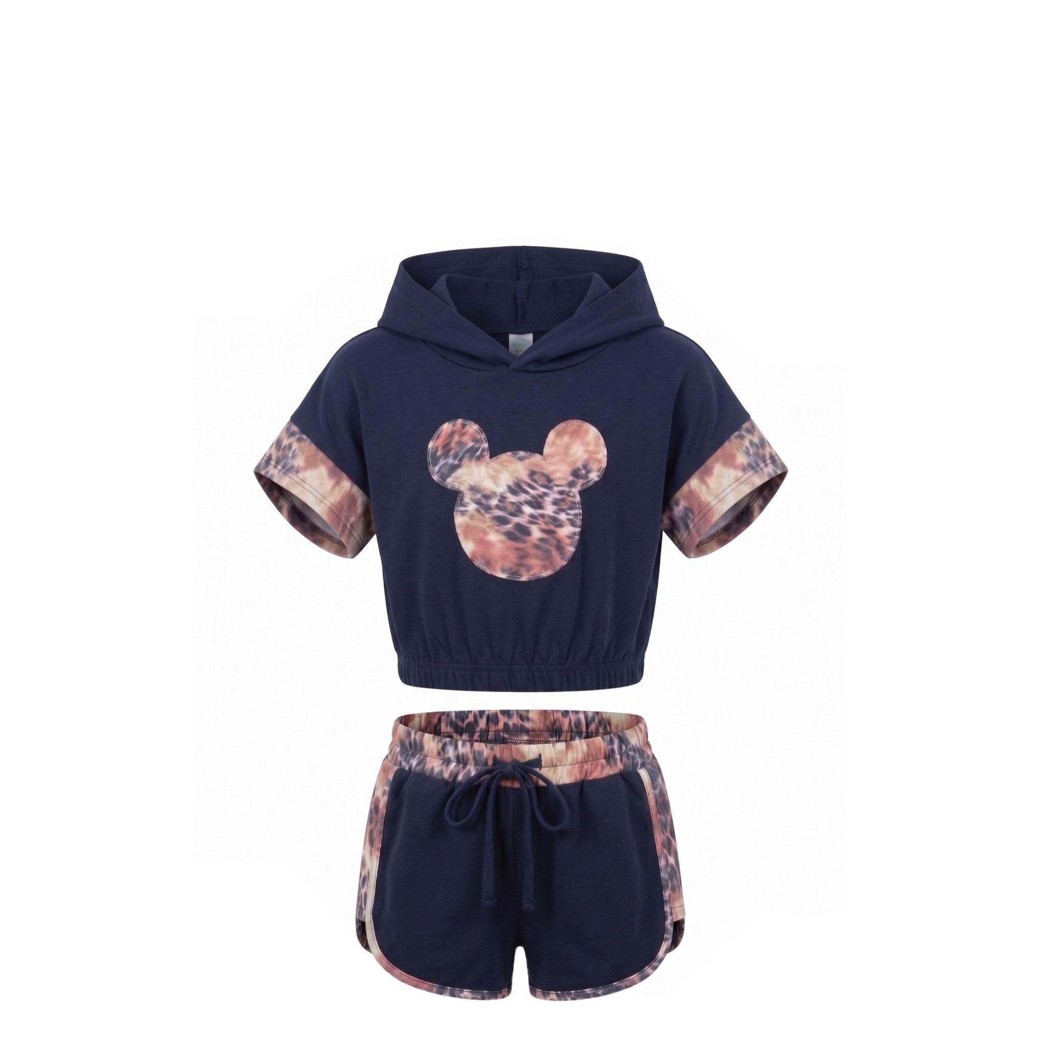 Ensemble Streetwear Fille – Crop Top à Capuche Bleu Marine & Short Léopard Bleu Marine – 4 à 14 ans – Neuf