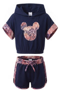 Ensemble Streetwear Fille – Crop Top à Capuche Bleu Marine & Short Léopard Bleu Marine – 4 à 14 ans – Neuf