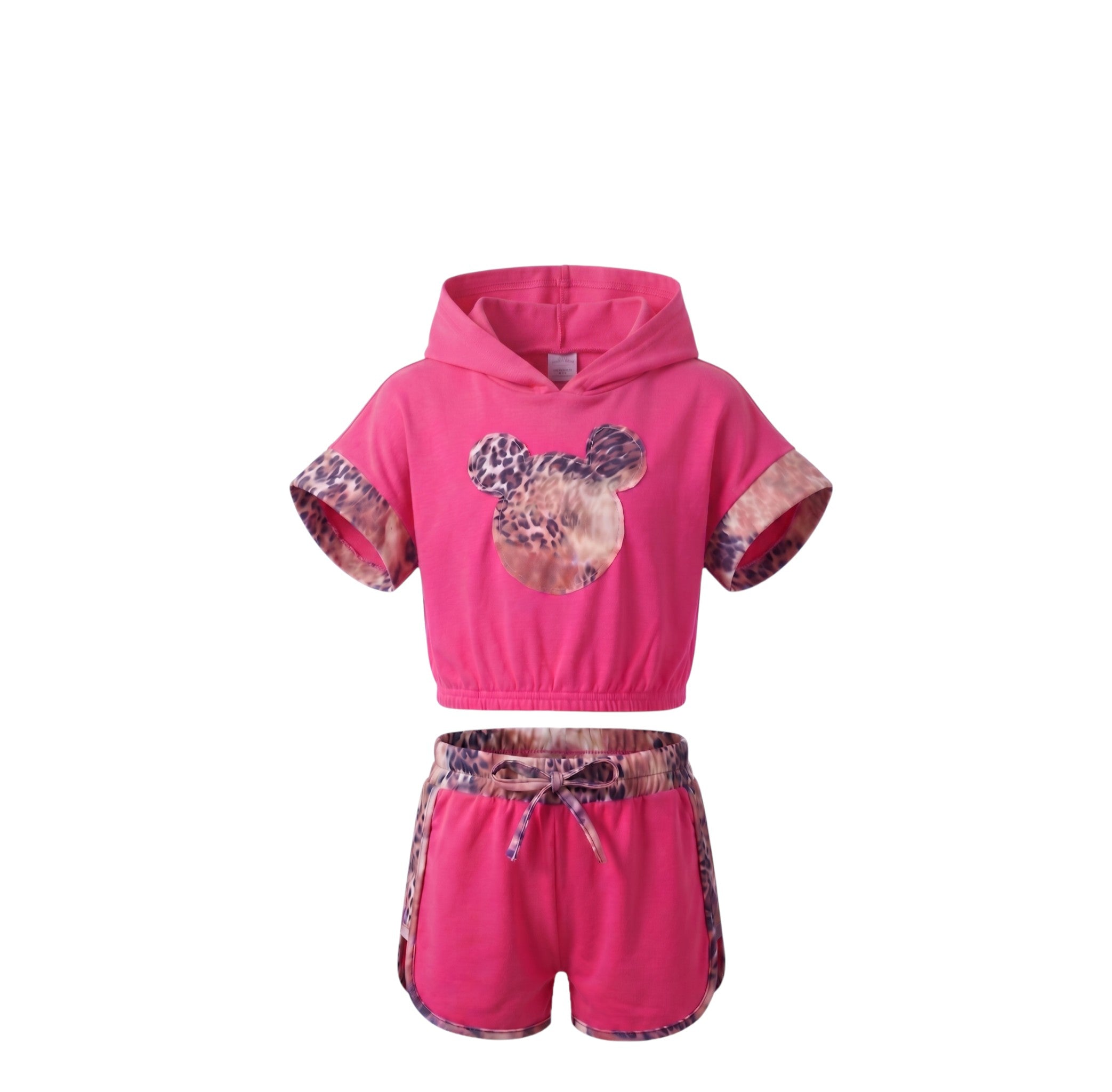 Ensemble Fille – Crop Top à Capuche Rose & Short Léopard Contrasté – 4 à 14 ans – Neuf