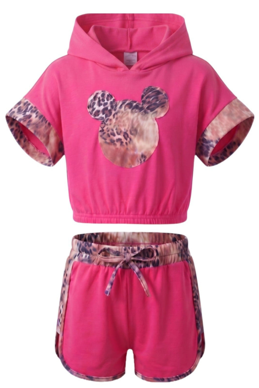 Ensemble Fille – Crop Top à Capuche Rose & Short Léopard Contrasté – 4 à 14 ans – Neuf