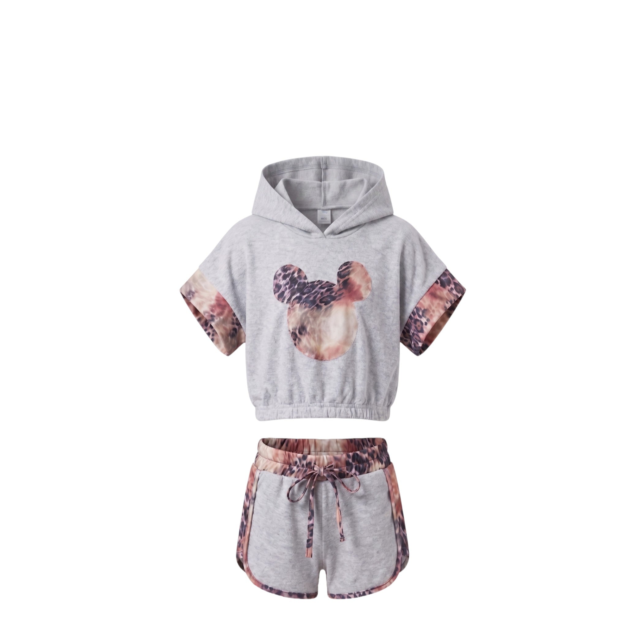 Ensemble Fille – Crop Top à Capuche Gris & Short Léopard – 4 à 14 ans – Neuf