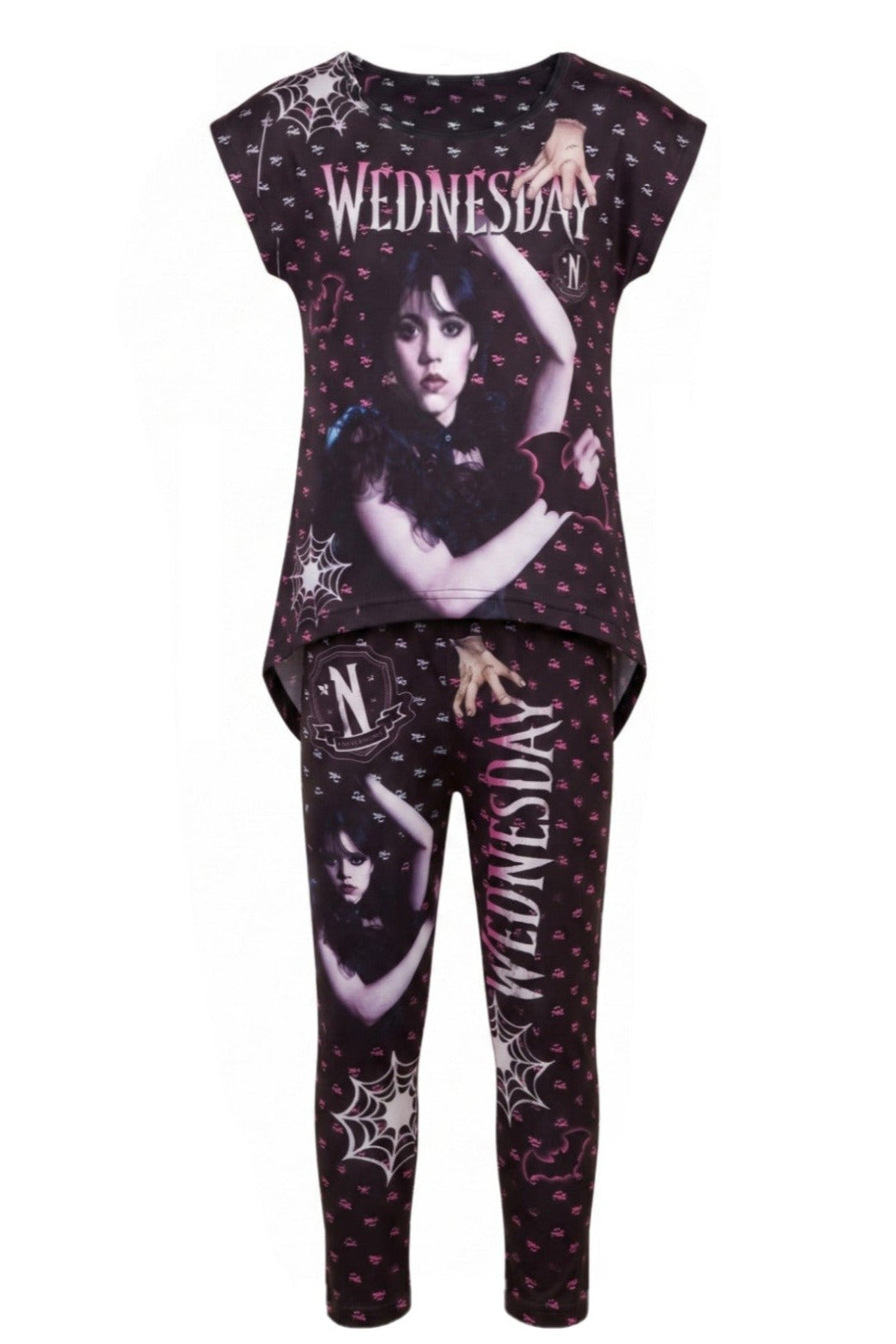 Ensemble Fille Mercredi Addams – T-shirt À Manches Courtes Noir & Legging Assorti – Style Gothique – 6 à 16 ans – Neuf