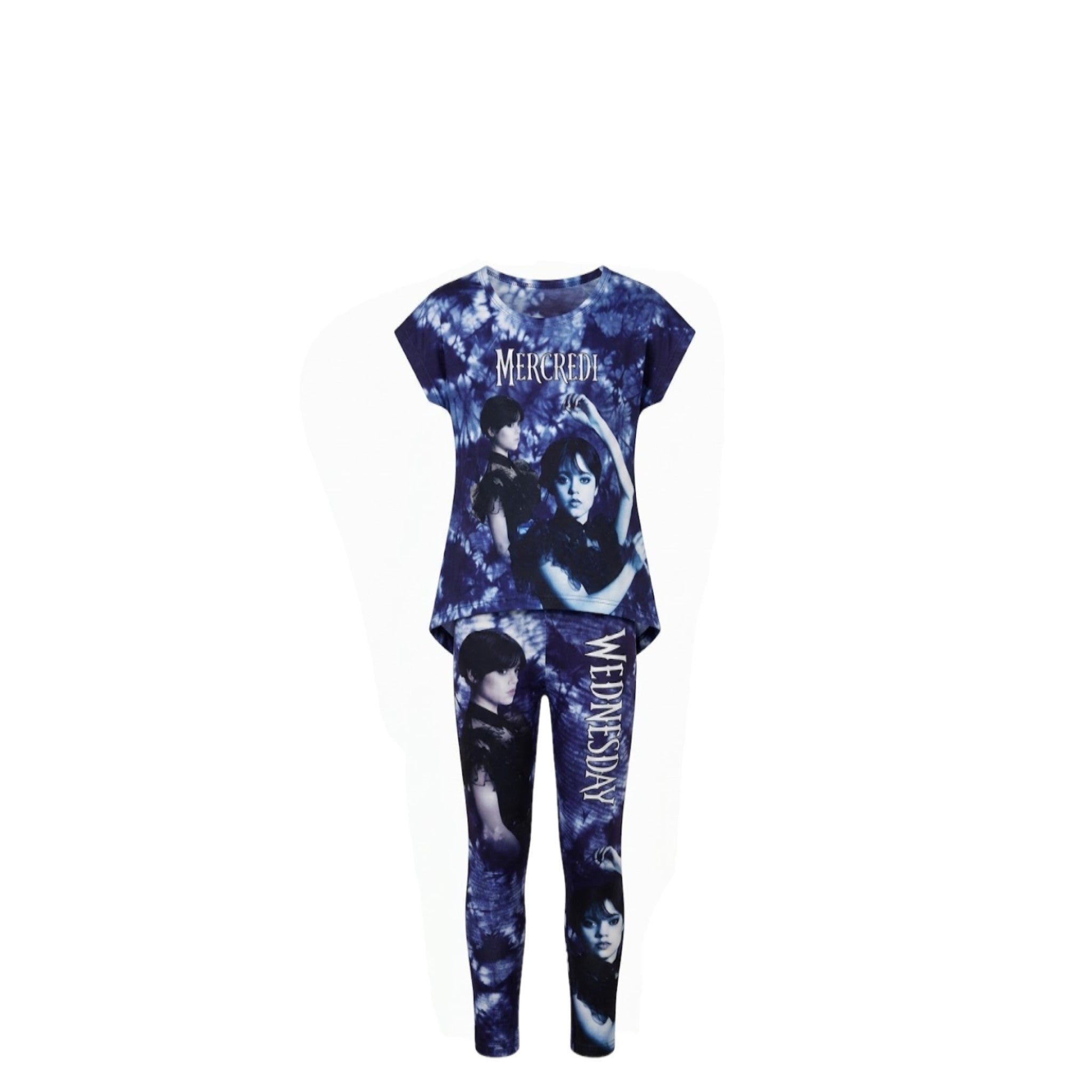 Ensemble Fille Mercredi Addams – T-shirt À Manches Courtes Bleu Électrique & Legging Assorti – 6 à 14 ans – Neuf