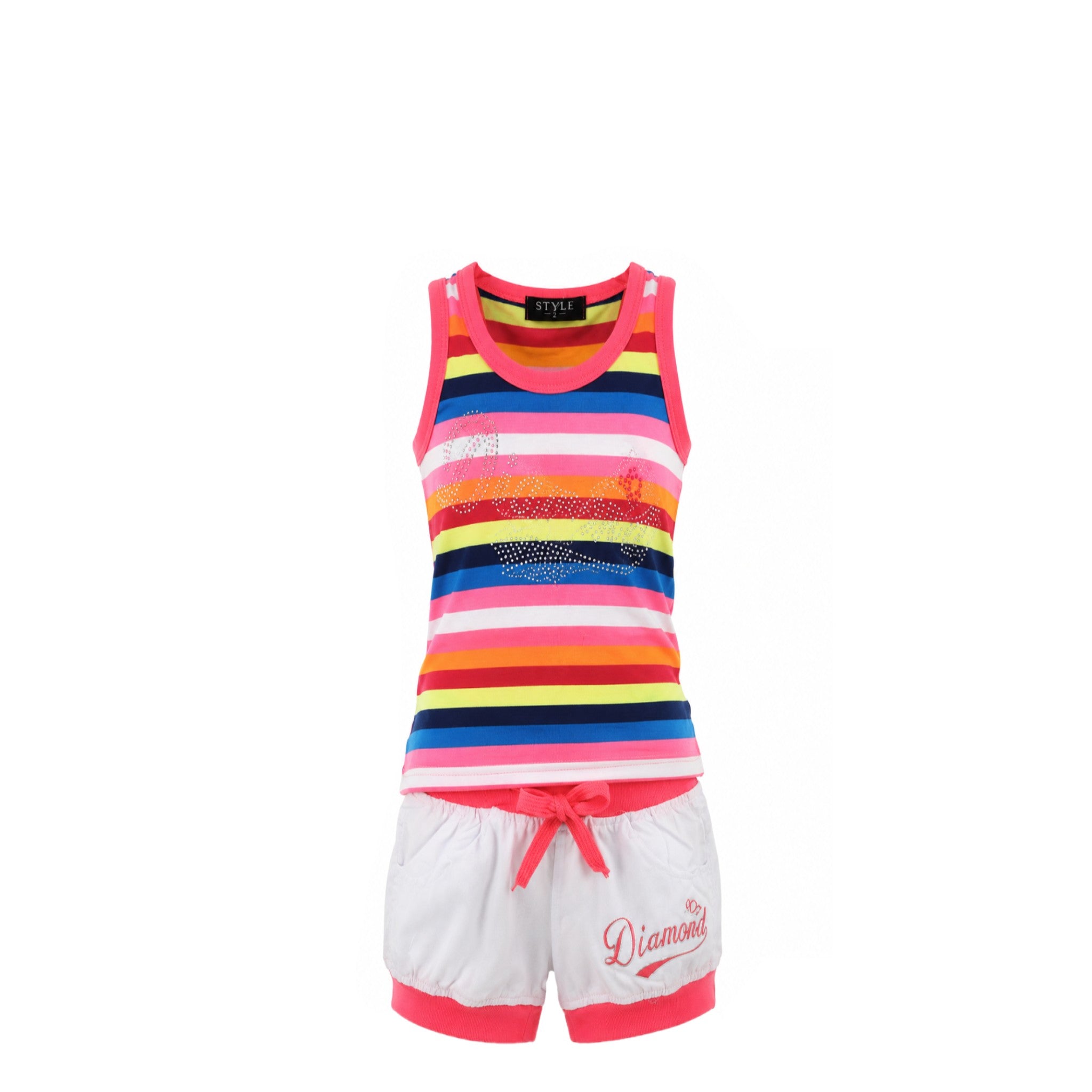 Ensemble Fille – Débardeur à Strass Multicolore & Short Blanc – 2 à 12 ans – Neuf