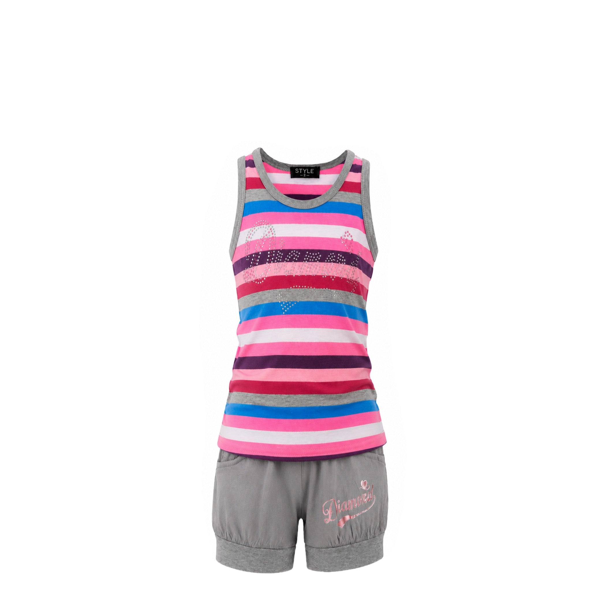 Ensemble Fille – Débardeur à Strass Multicolore & Short Gris – 2 à 12 ans – Neuf