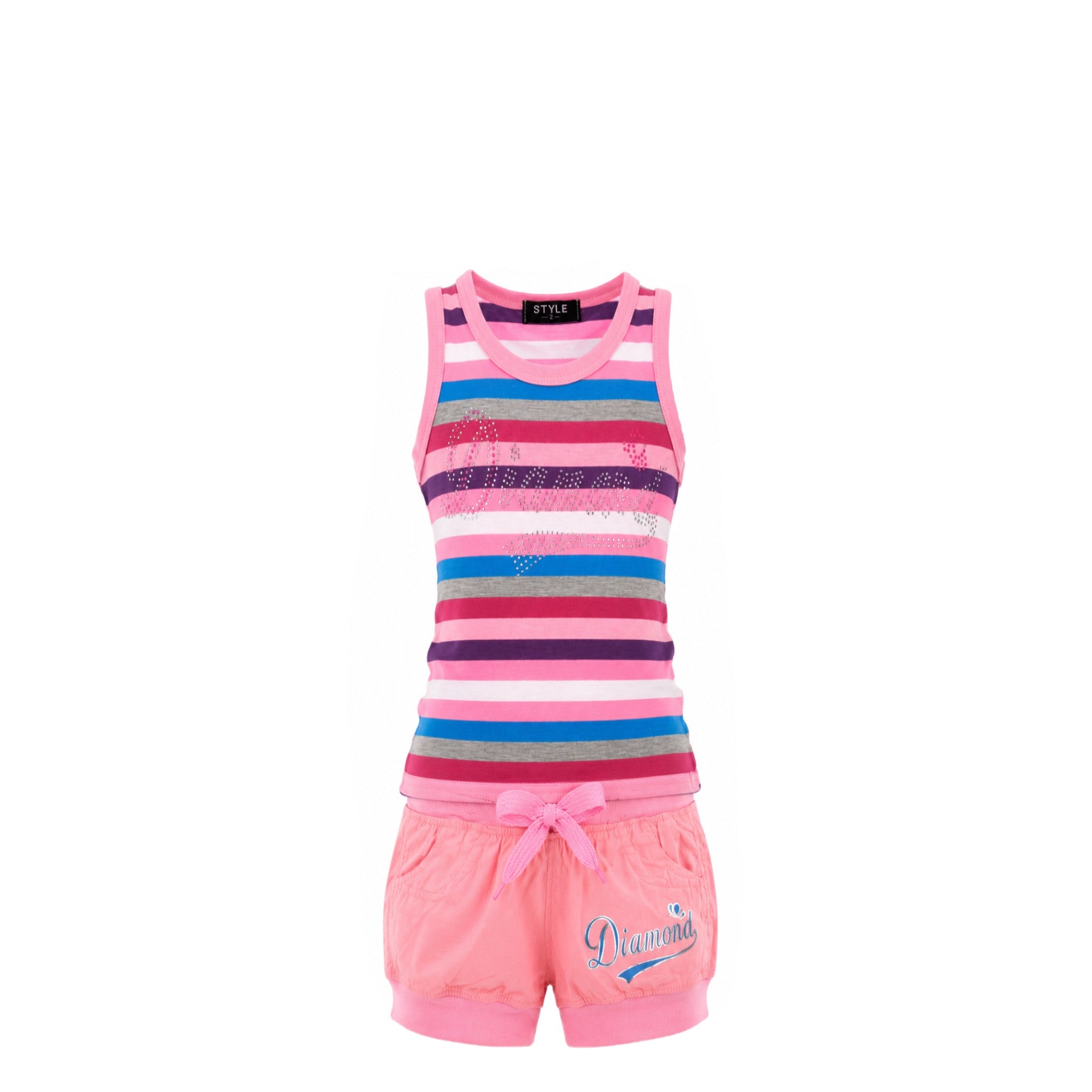 Ensemble Été Fille – Débardeur à Strass Multicolore & Short Rose Clair – 2 à 12 ans – Neuf