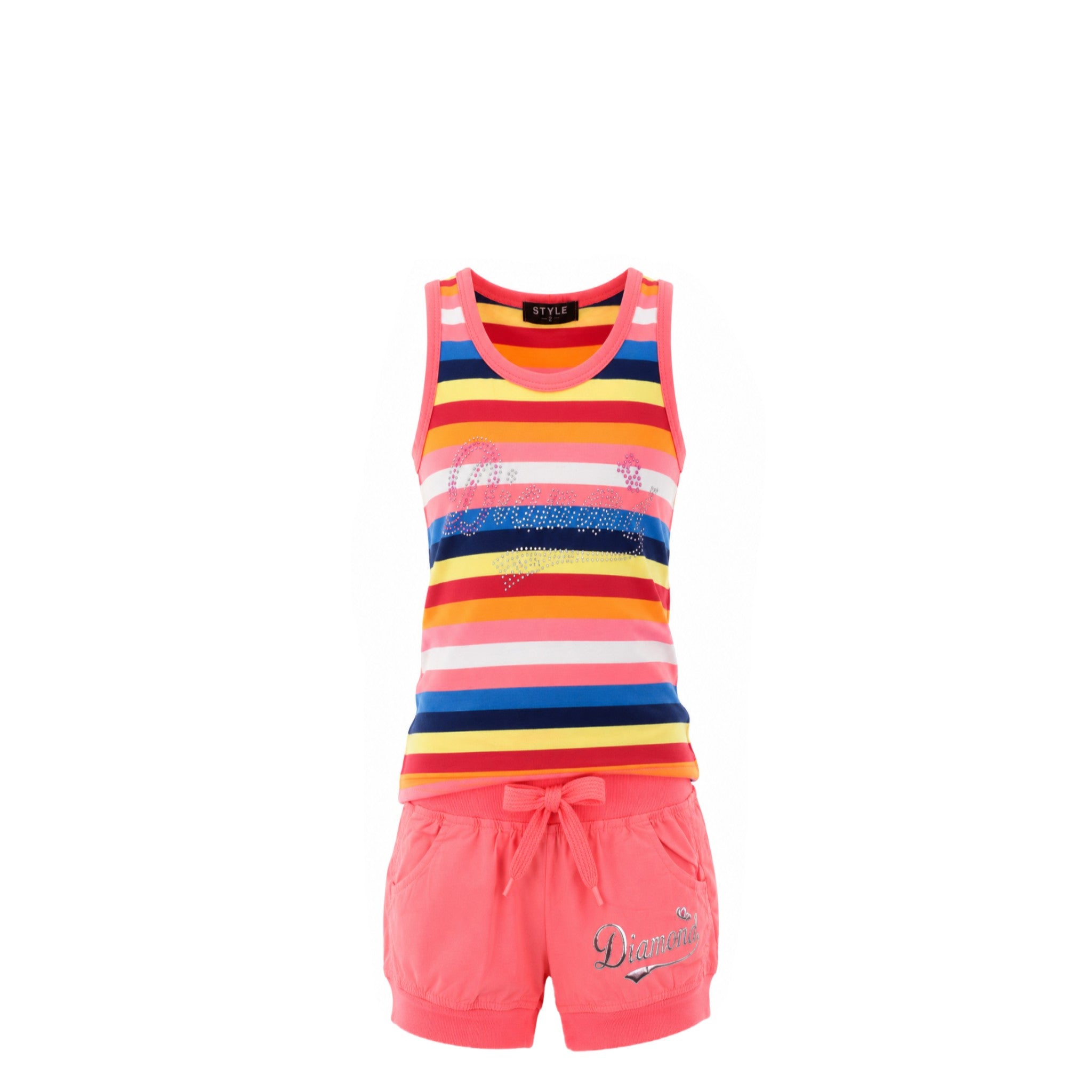 Ensemble Fille – Débardeur à Strass Multicolore & Short Rose Fuchsia – 2 à 12 ans – Neuf