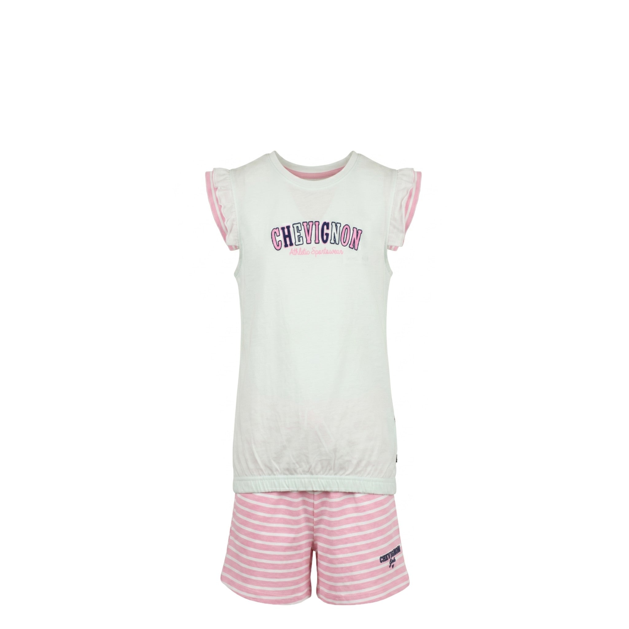 Ensemble Fille Chevignon – Débardeur Blanc à Volants & Short Rayé Rose en Coton – 4 à 12 ans – Neuf