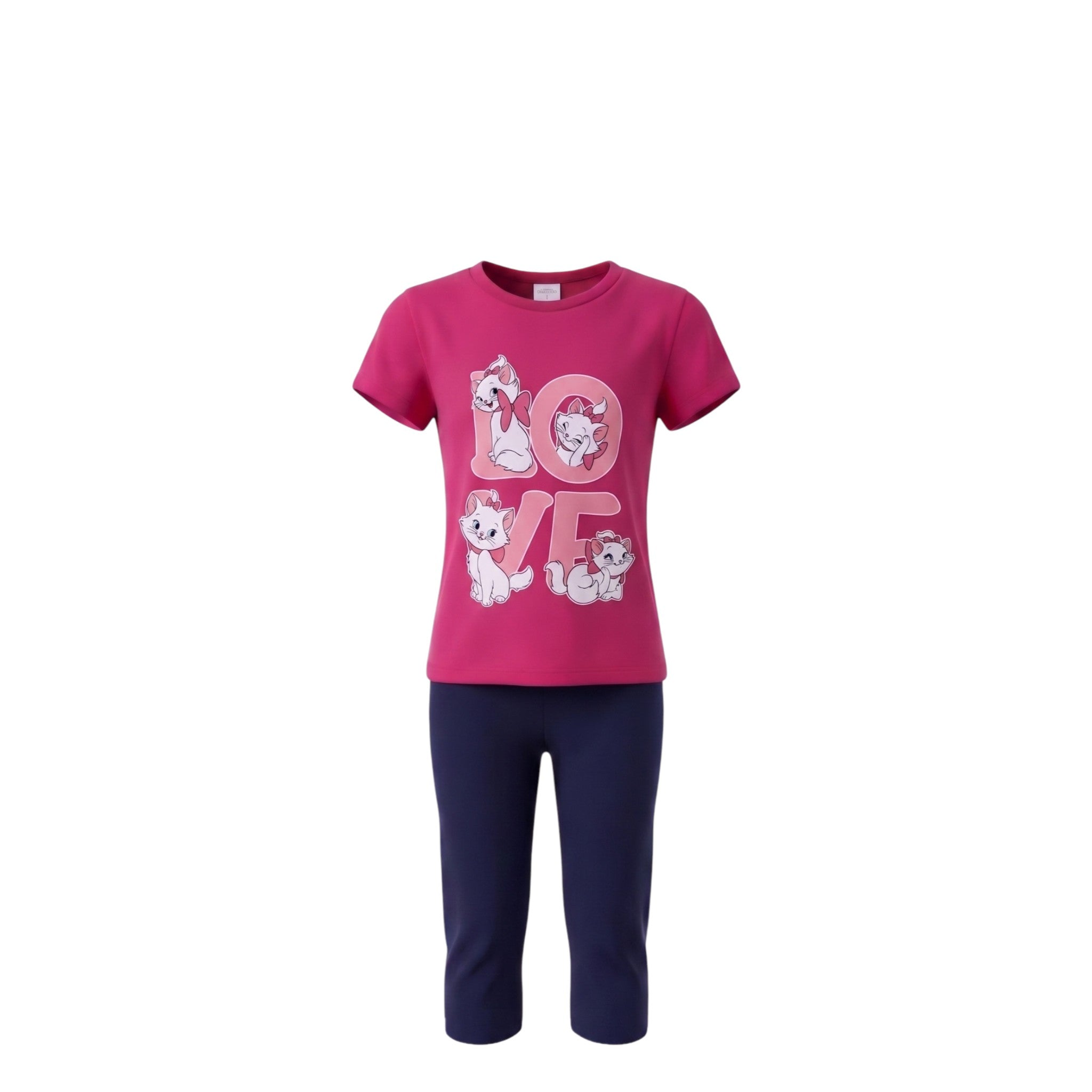 Ensemble Fille – T-shirt Rose Motif Chats « LOVE » & Legging Bleu Marine Assorti – 6 à 9 ans – Neuf