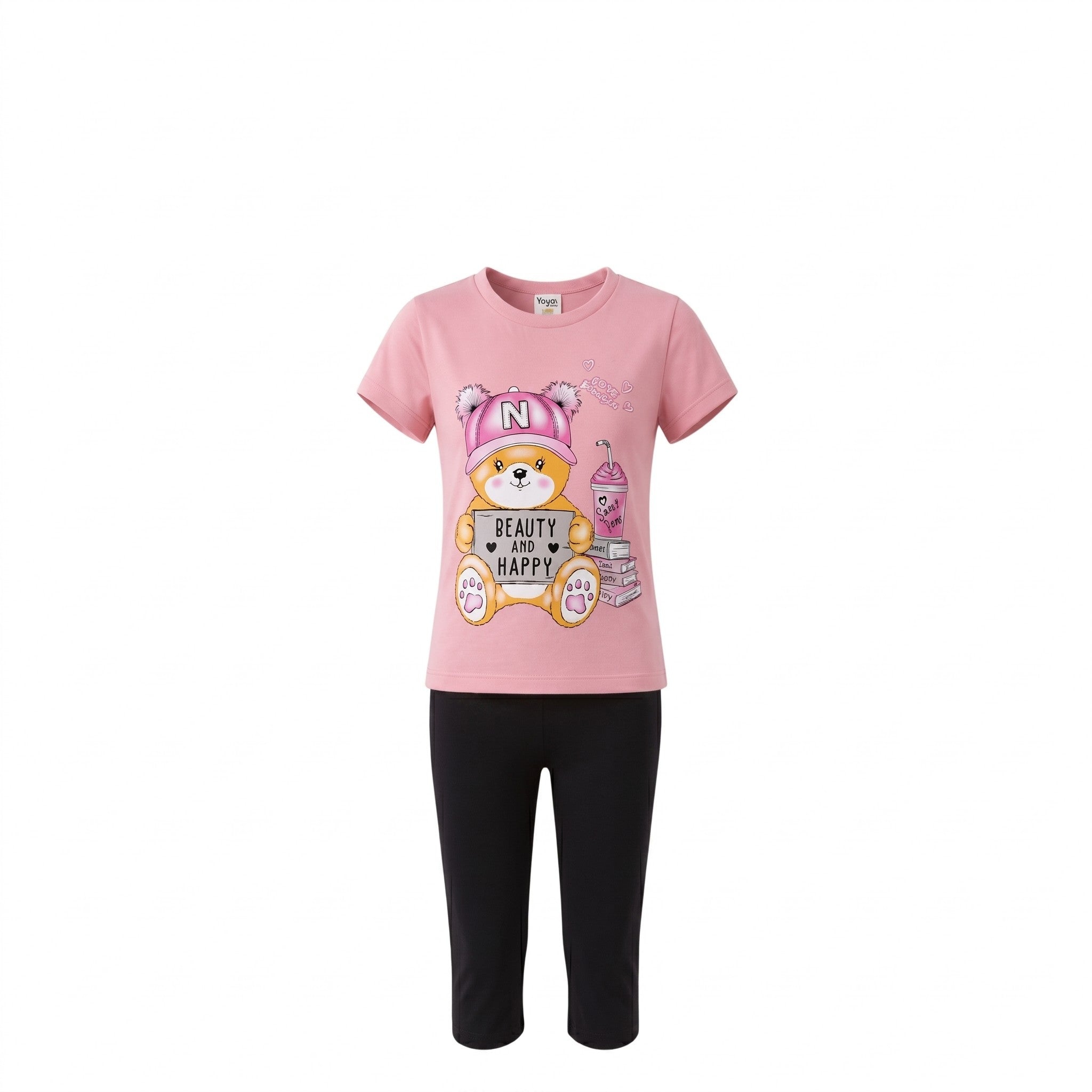 Ensemble Fille – T-shirt Rose « Beauty and Happy » Motif Nounours & Legging 3/4 Noir – 3 à 6 ans – Neuf