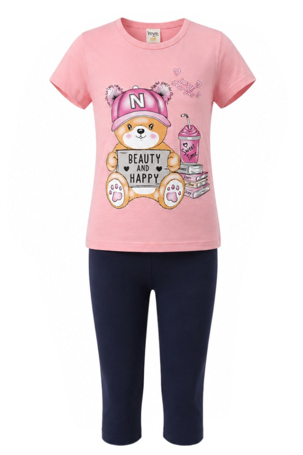 Ensemble Fille – T-shirt Rose « Beauty and Happy » Motif Nounours & Legging 3/4 Noir – 3 à 6 ans – Neuf