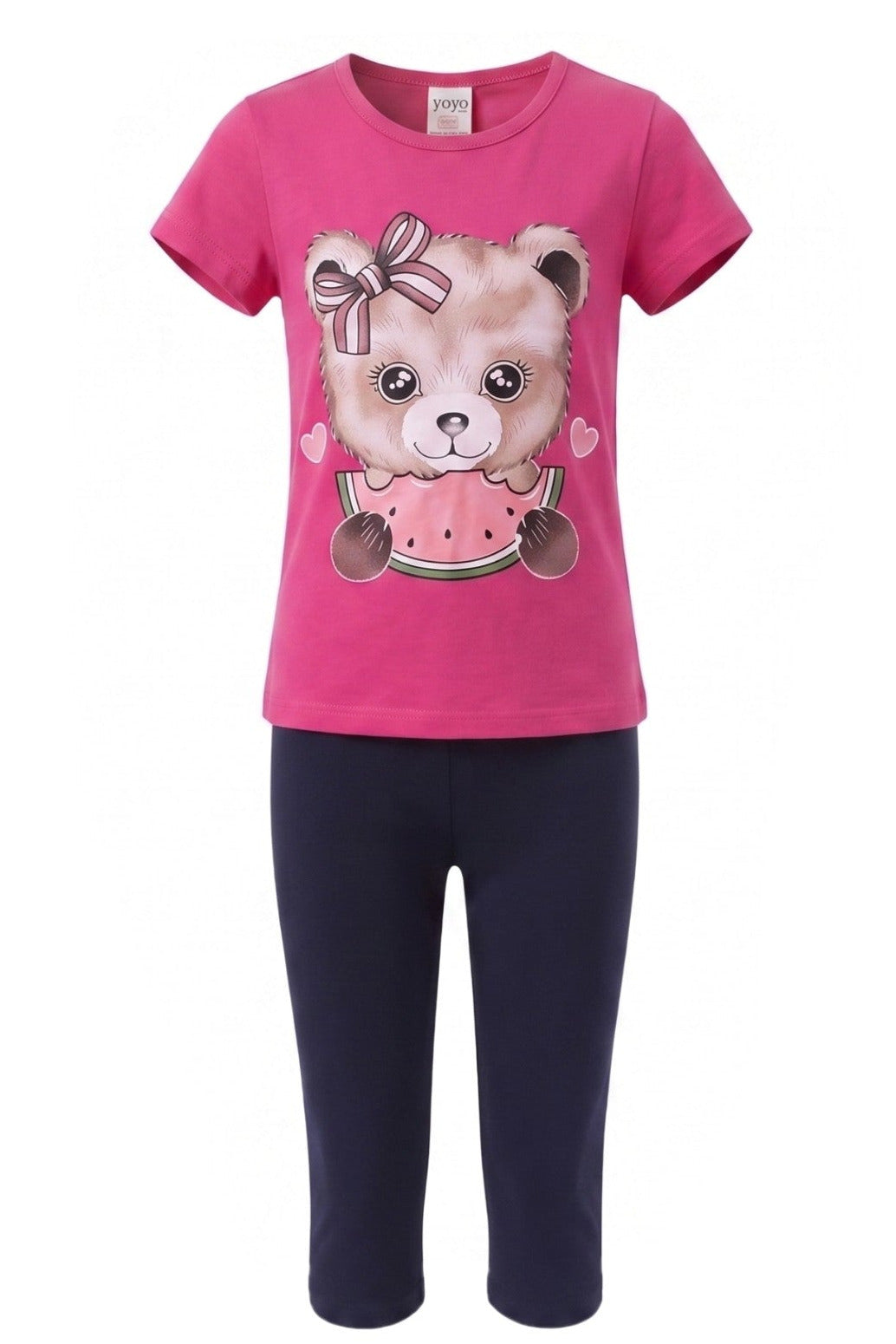 Ensemble Fille – T-shirt Rose Fuchsia Motif Nounours & Legging Bleu Marine – 3 à 6 ans – Neuf