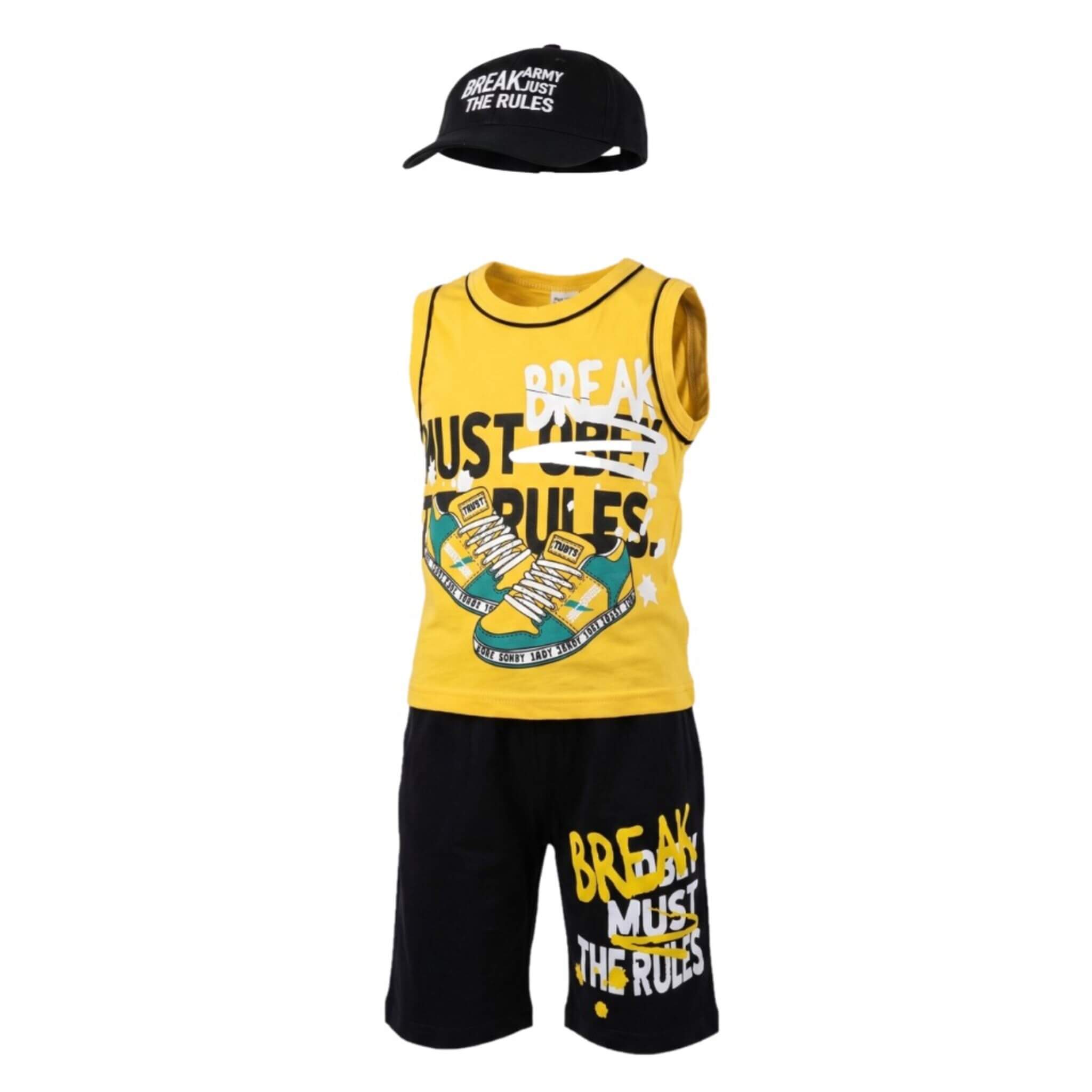 Ensemble 3 Pièces Garçon « Break Rules » – Débardeur Jaune Imprimé, Short Noir & Casquette – 5 à 8 ans – Neuf