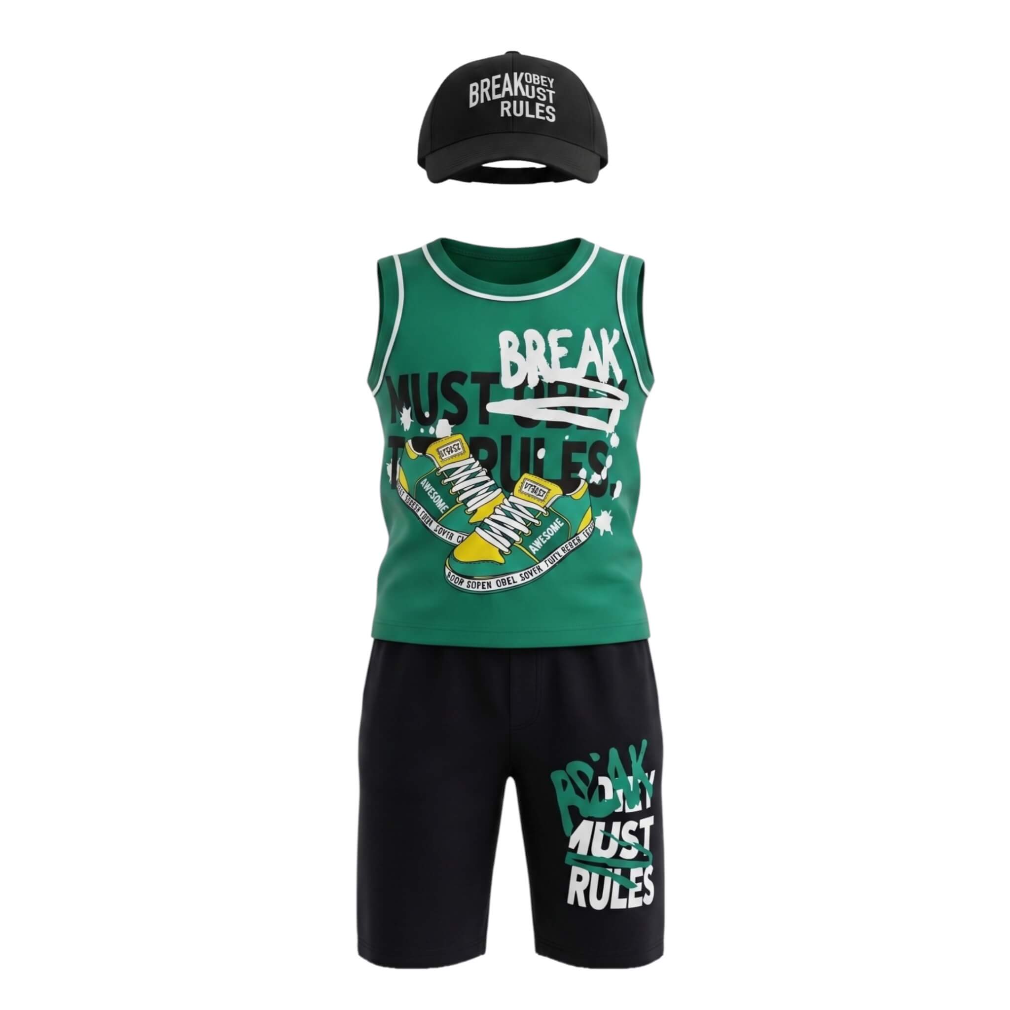 Ensemble 3 Pièces Garçon « Break Rules » – Débardeur Vert Imprimé, Short Noir & Casquette – 5 à 8 ans – Neuf