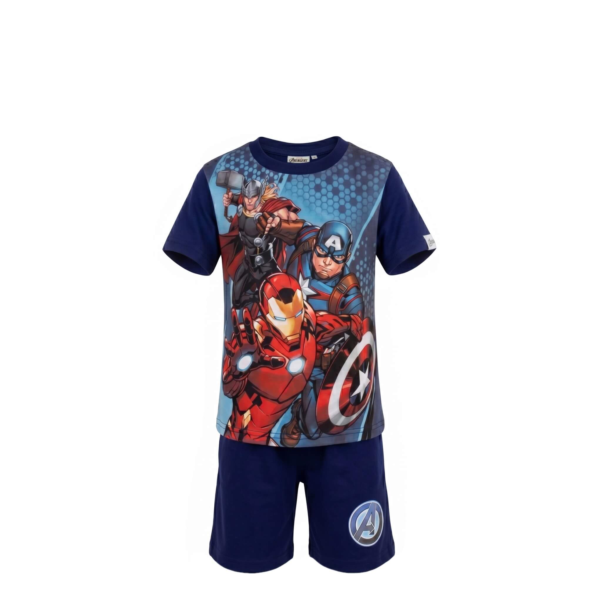 Ensemble Été Garçon Avengers – T-shirt Imprimé Iron Man, Thor & Captain America & Short Bleu – 3 à 8 ans – Neuf