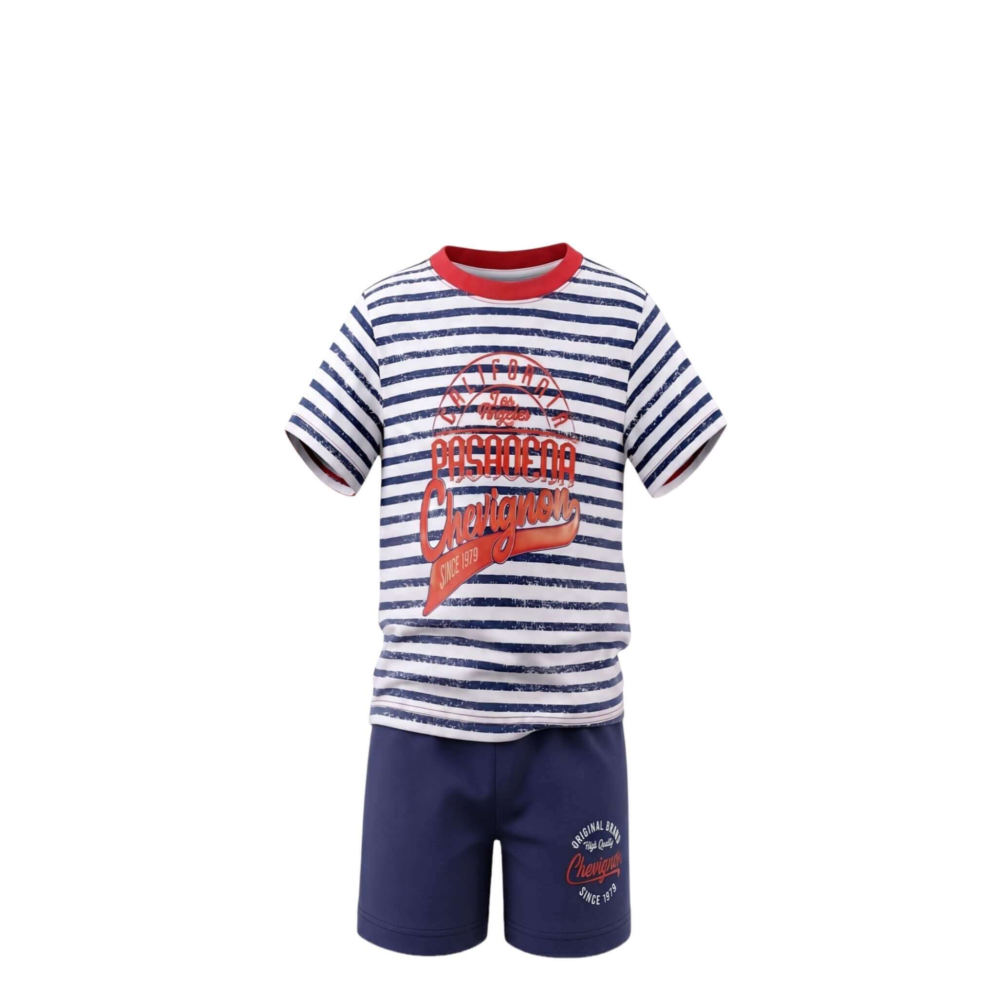 Ensemble Garçon Chevignon – T-shirt Rayé Blanc & Bleu & Short Bleu – 4 à 14 ans – Neuf