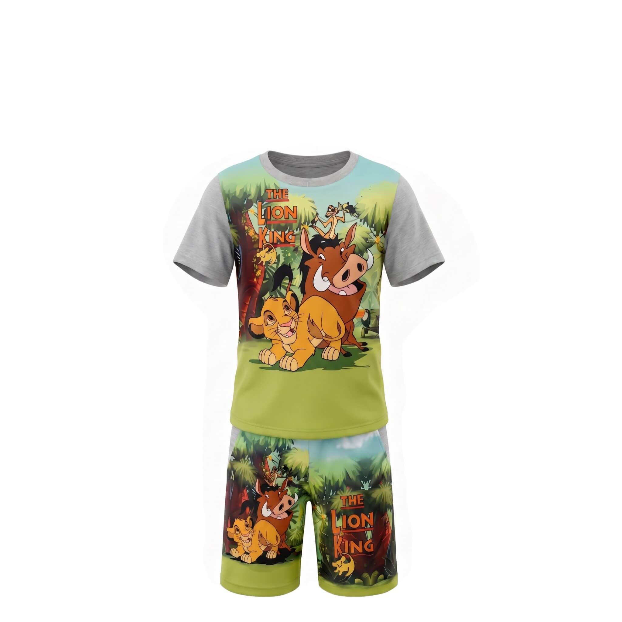 Ensemble Garçon Le Roi Lion – T-shirt Gris/Vert Imprimé Simba & Pumbaa & Short Assorti – 2 à 12 ans – Neuf