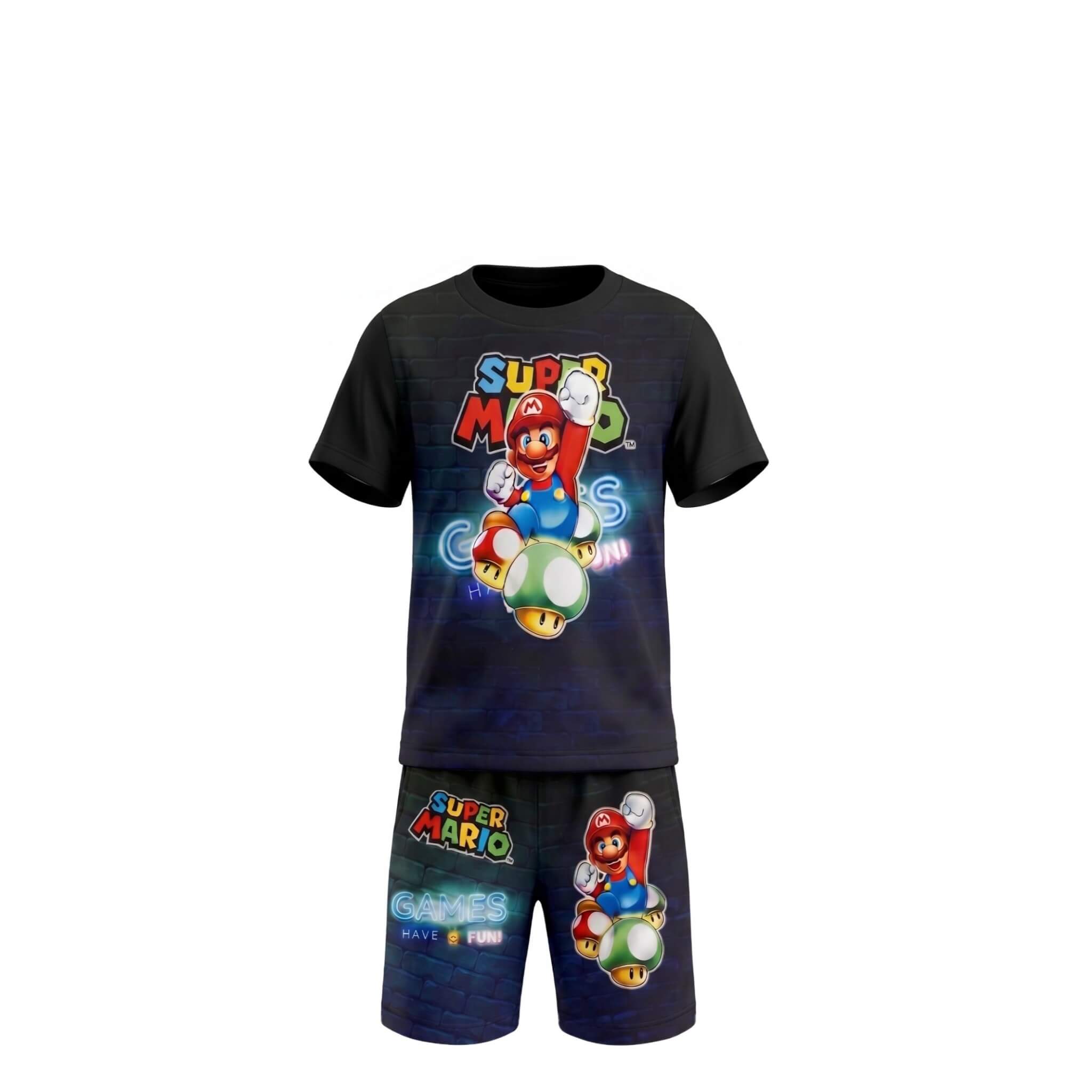 Ensemble Garçon Super Mario – T-shirt Bleu Imprimé & Short Assorti Dos Noir Uni – 4 à 14 ans – Neuf
