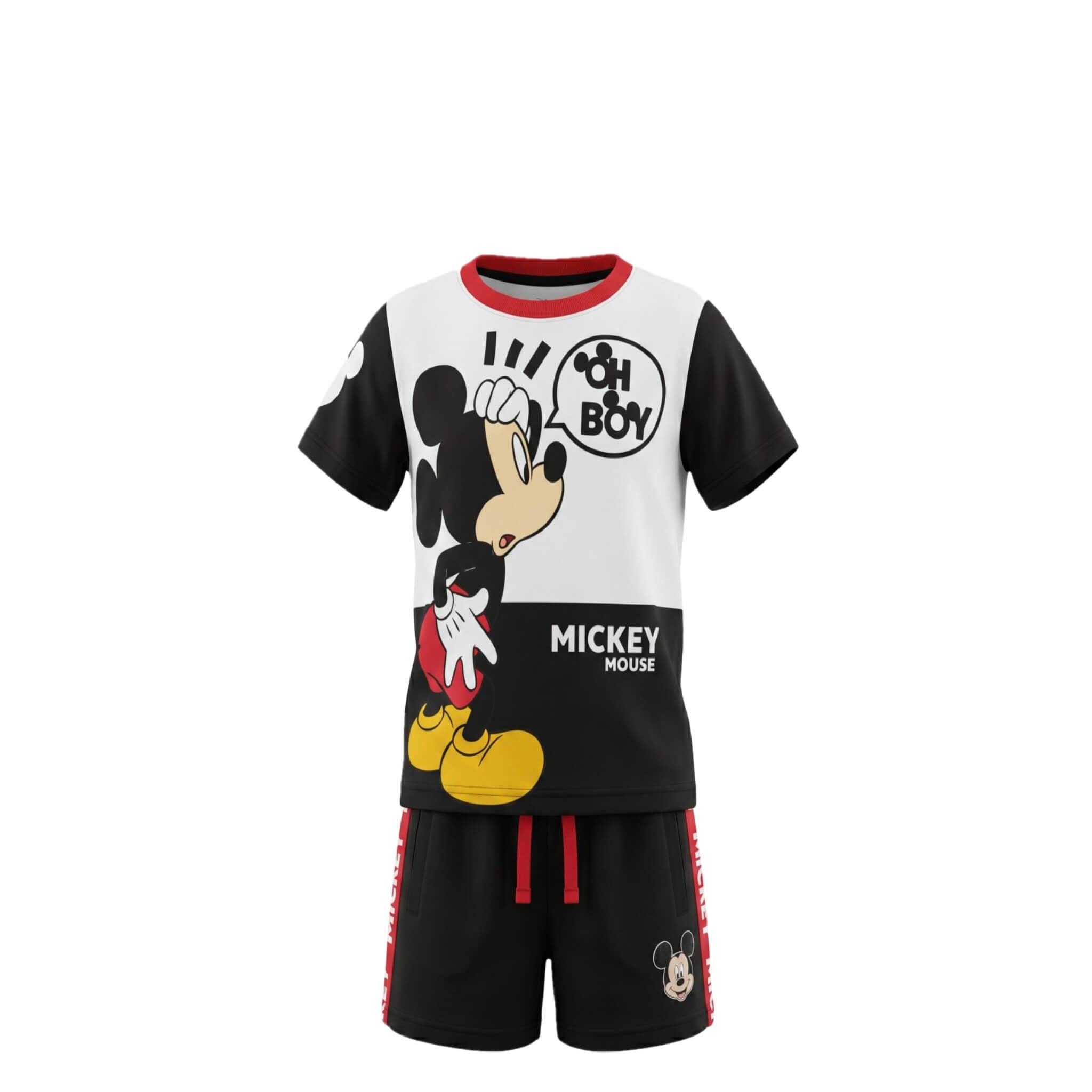 Ensemble Été Garçon Mickey Mouse « Oh Boy » – T-shirt Imprimé Noir & Blanc & Short Noir Assorti – 2 à 8 ans – Neuf