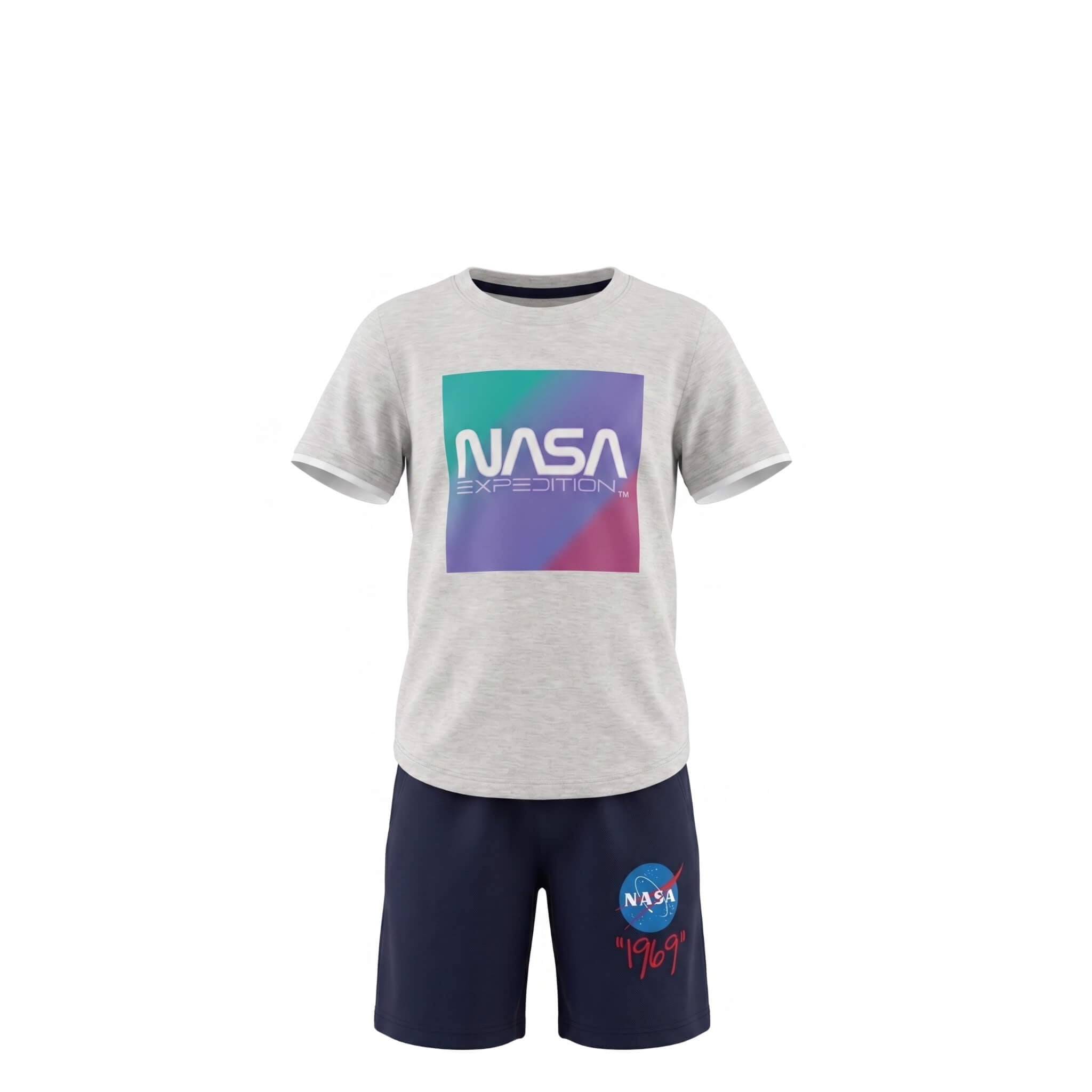 Ensemble Garçon NASA Expedition – T-shirt Gris Imprimé & Short Bleu Marine Logo 1969 – 4 à 14 ans – Neuf