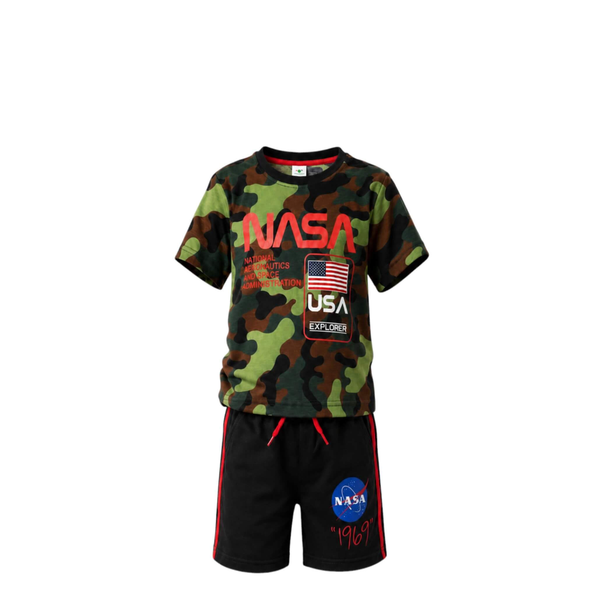 Ensemble Garçon NASA – T-shirt Camouflage Vert Imprimé & Short Vert Foncé Bandes Rouges Logo 1969 – 4 à 14 ans – Neuf