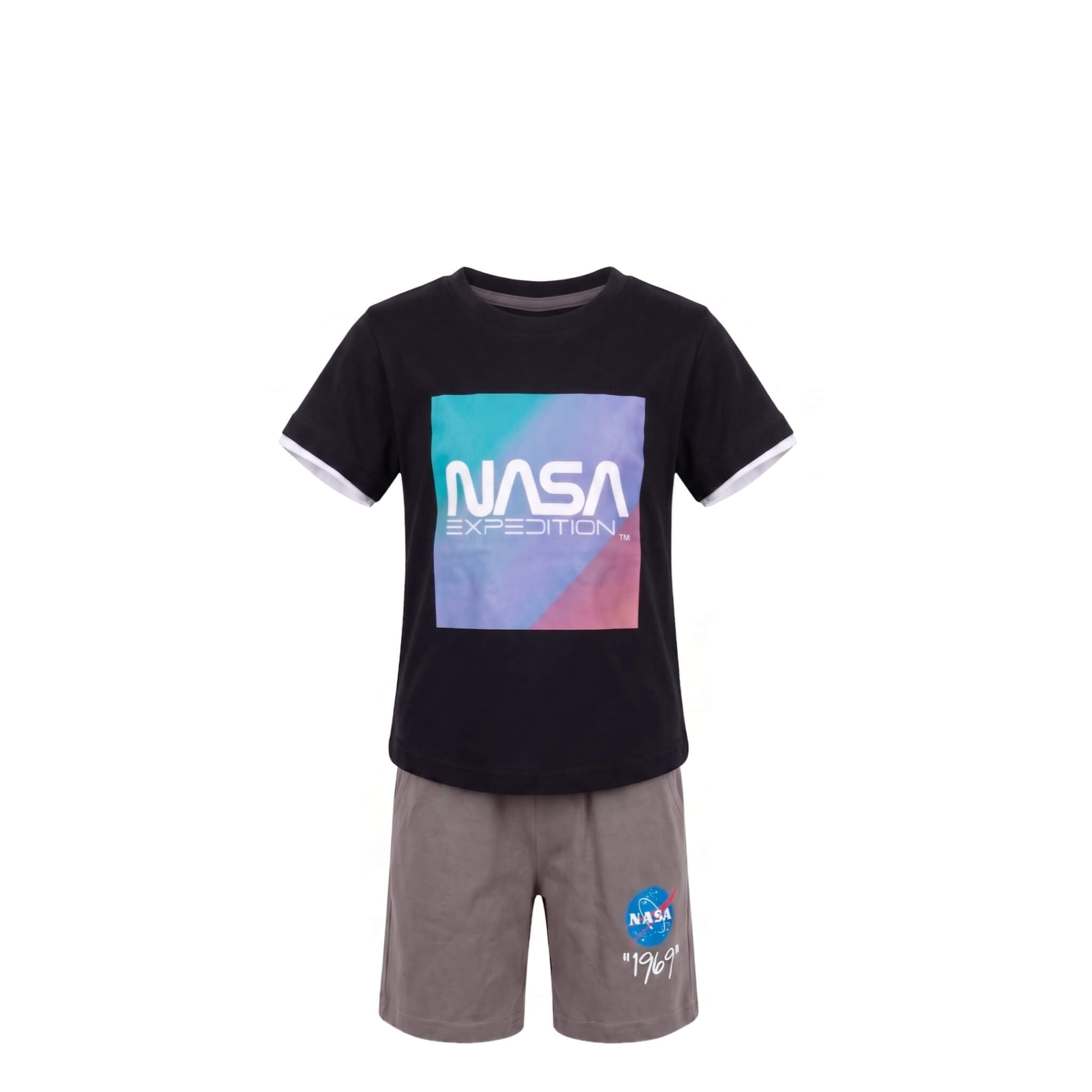Ensemble Garçon NASA Expedition – T-shirt Noir Imprimé & Short Gris Logo 1969 – 4 à 14 ans – Neuf