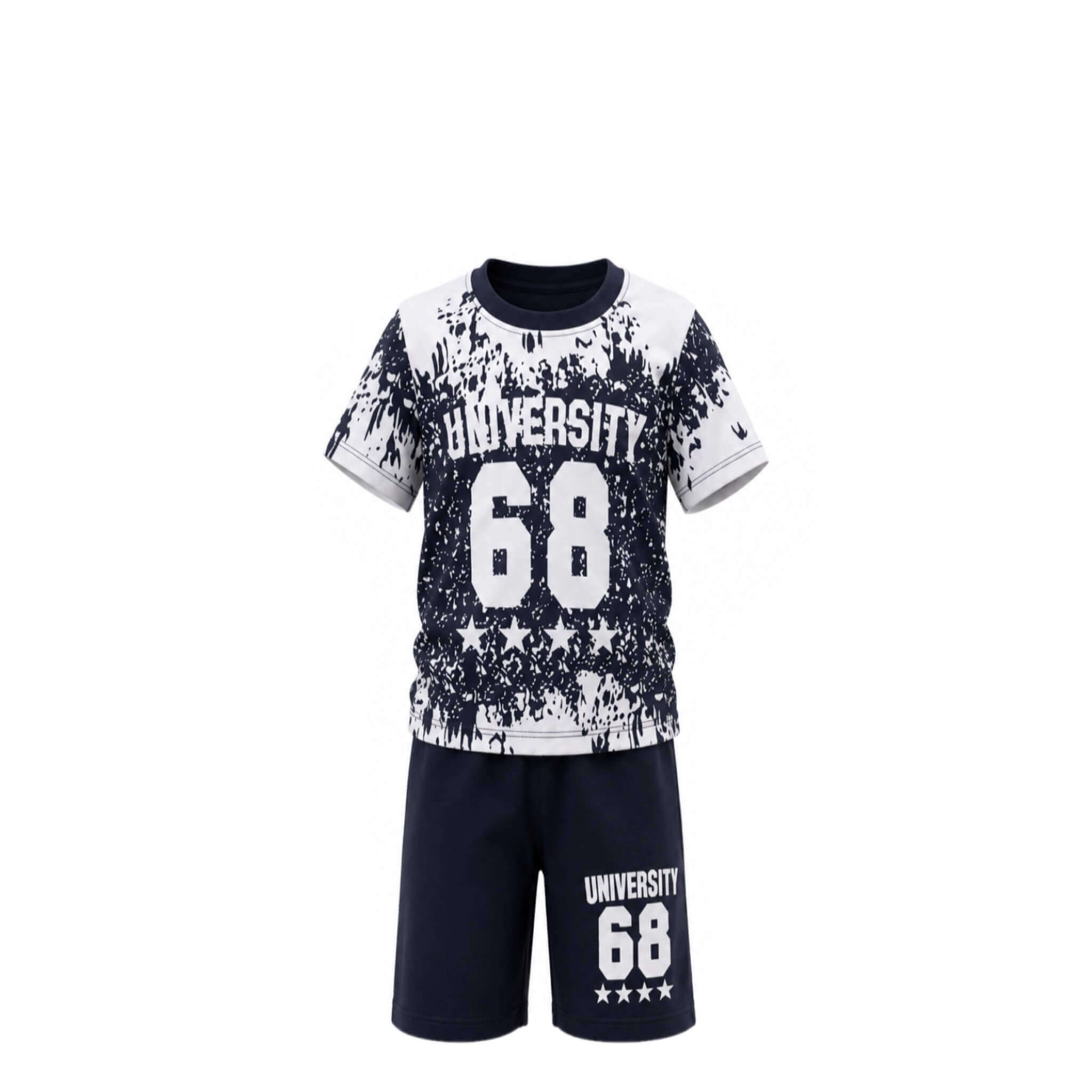Ensemble Sport Garçon « University 68 » – T-shirt Blanc/Bleu & Short Bleu Marine Assorti – Neuf emballé